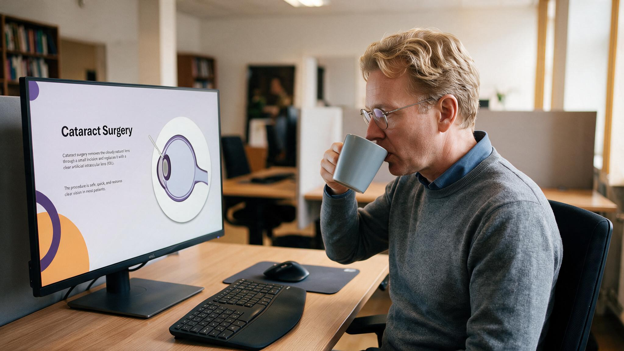 Cataracts surgery presentation displayed on a desktop monitor in a modern office workspace for independent ophthalmology learning.