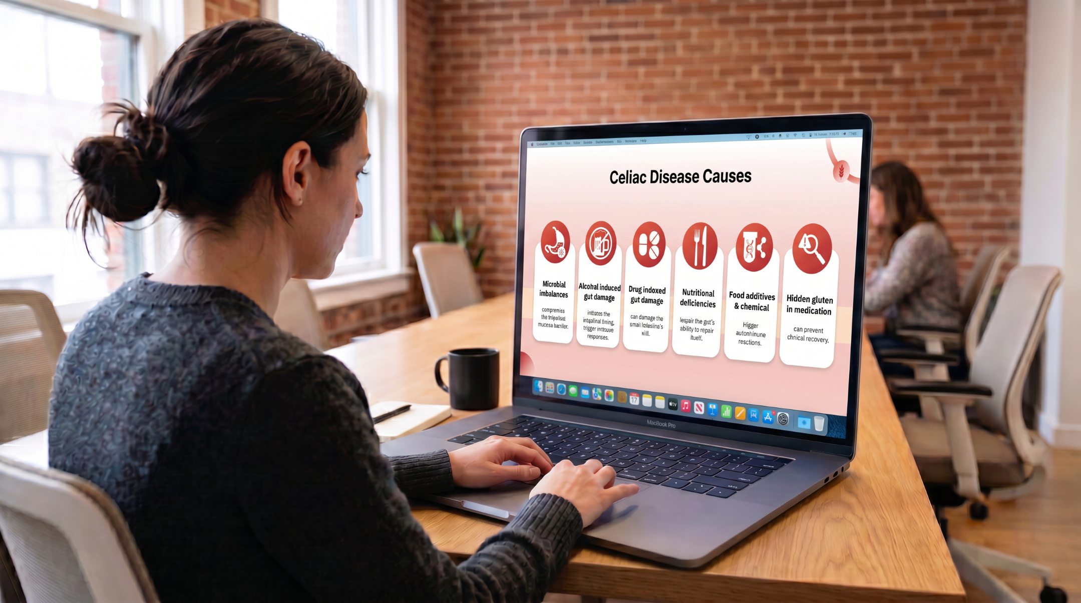 Person viewing a celiac disease PowerPoint presentation featuring the causes and contributing factors of celiac disease on a laptop.