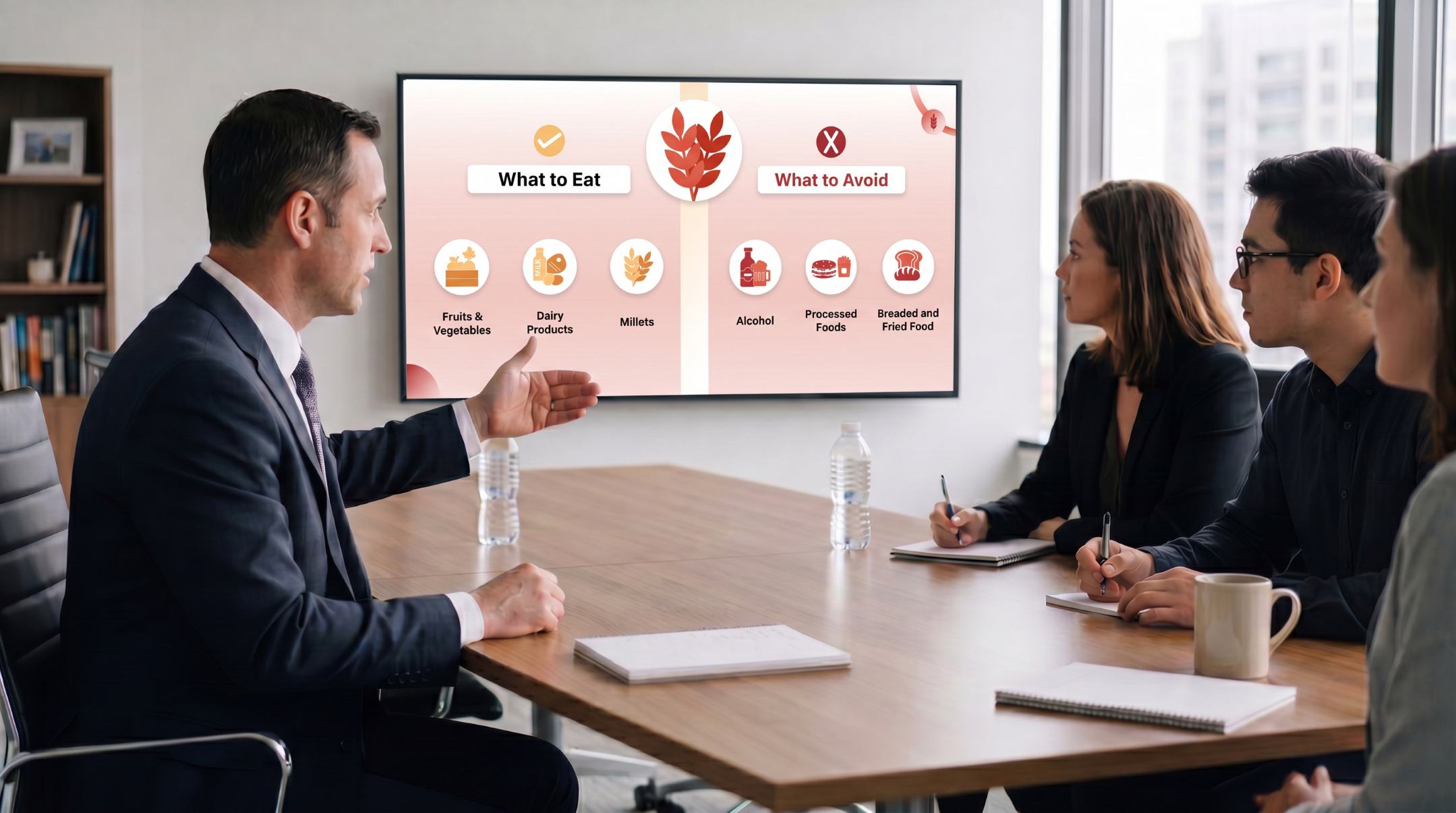 Healthcare professional presenting dietary recommendations for celiac disease with an editable medical PowerPoint template during a clinical meeting.