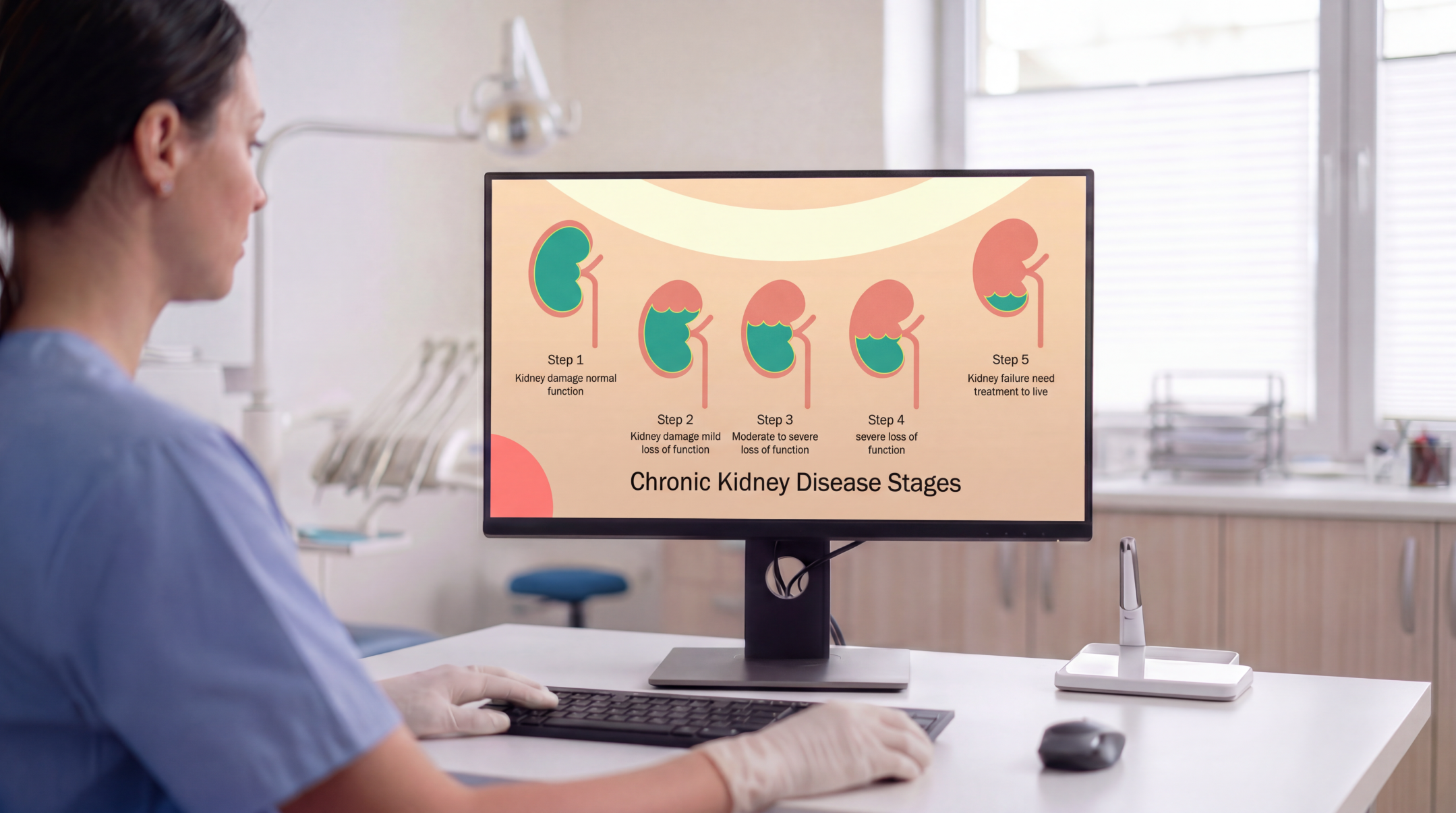 Healthcare professional viewing a chronic kidney disease PowerPoint presentation showing the five stages of CKD progression on a desktop monitor.