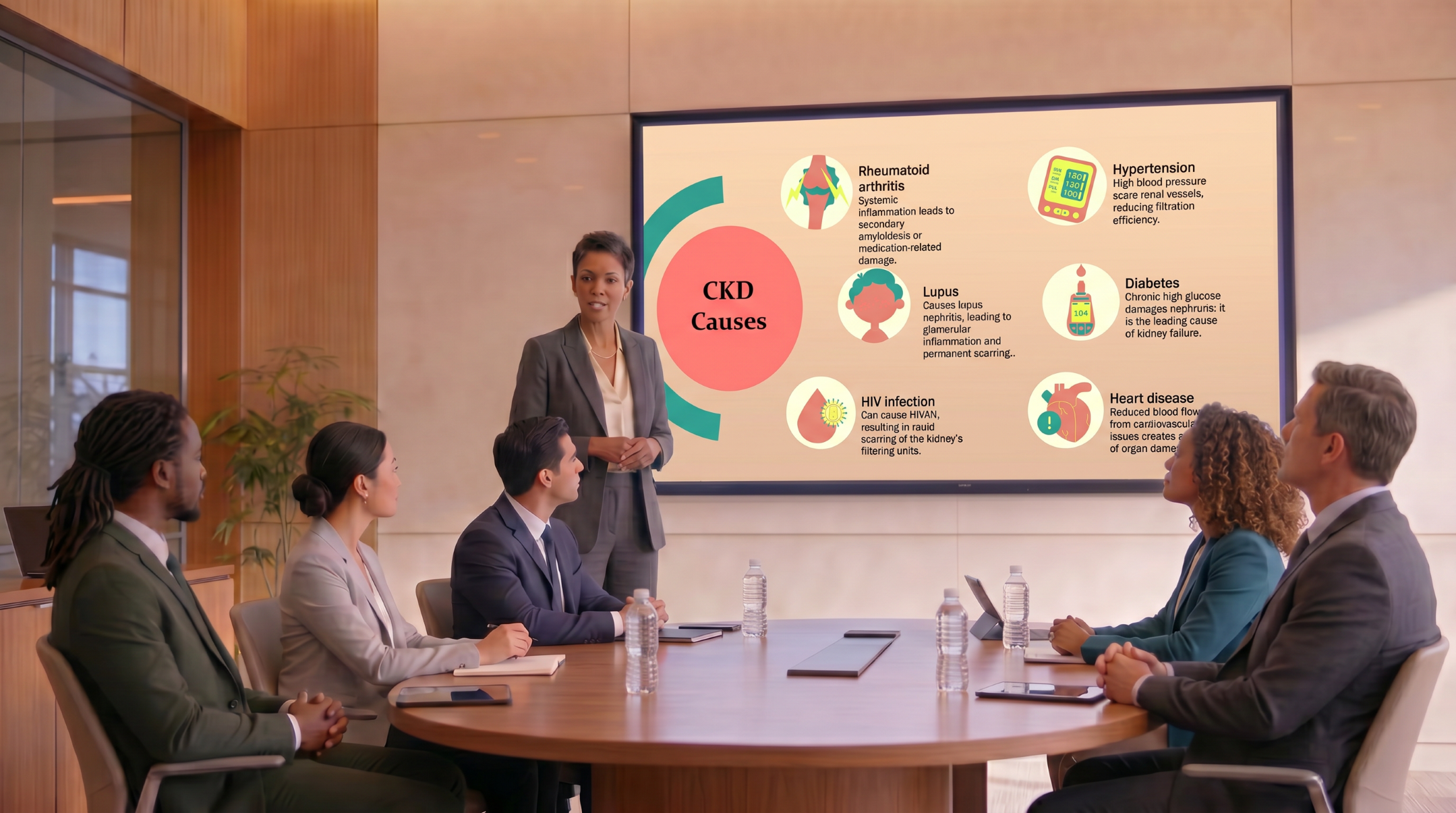 Healthcare professional presenting the causes of chronic kidney disease using an editable medical PowerPoint template during a clinical meeting.