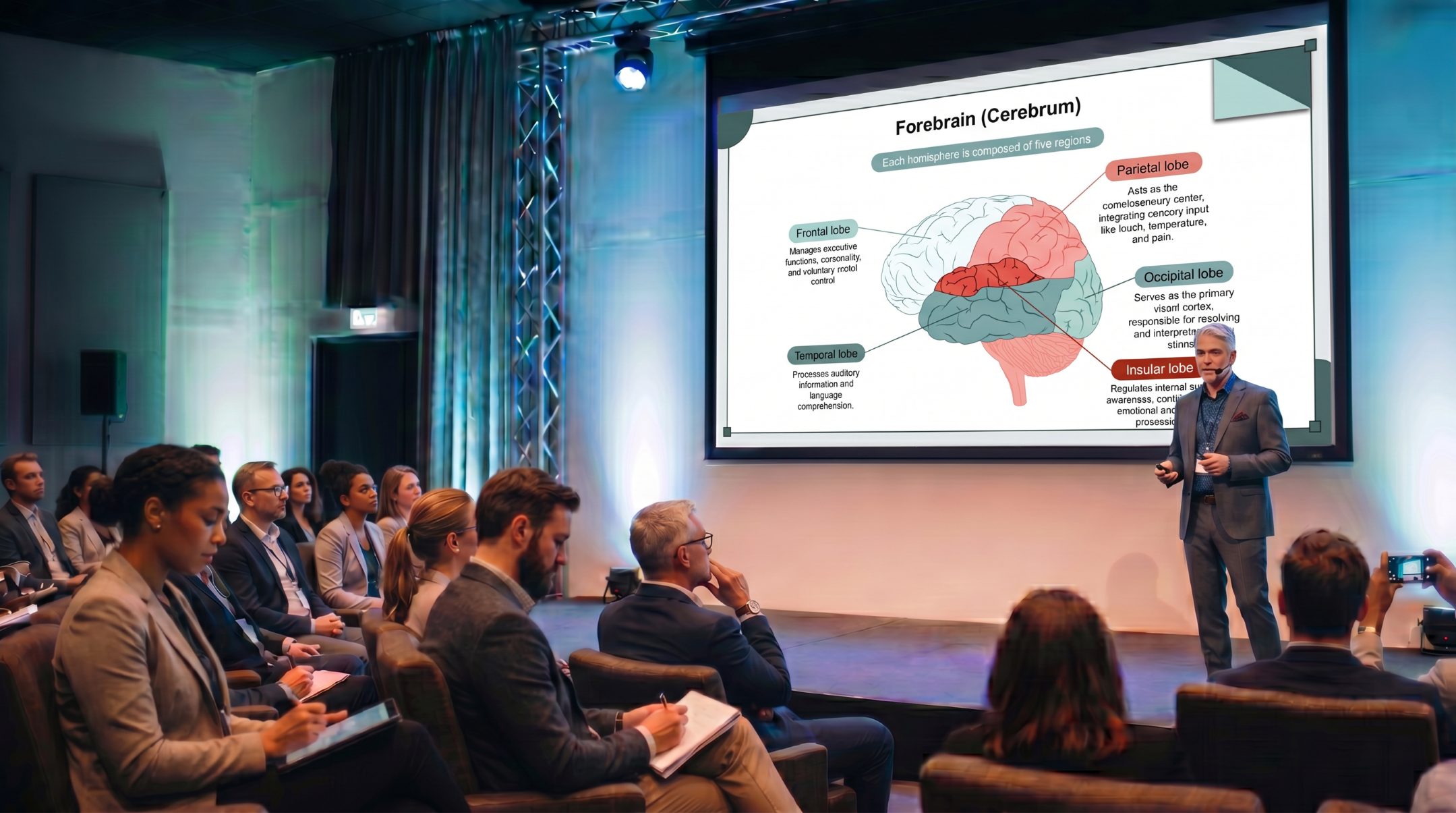 Presenter explaining forebrain anatomy and cerebral lobes using an editable CNS anatomy and physiology PowerPoint presentation template.