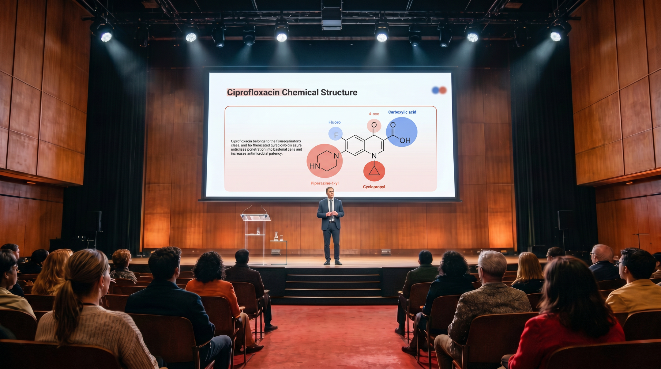Presenter explaining the chemical structure of ciprofloxacin using an editable medical PowerPoint presentation template during a conference.