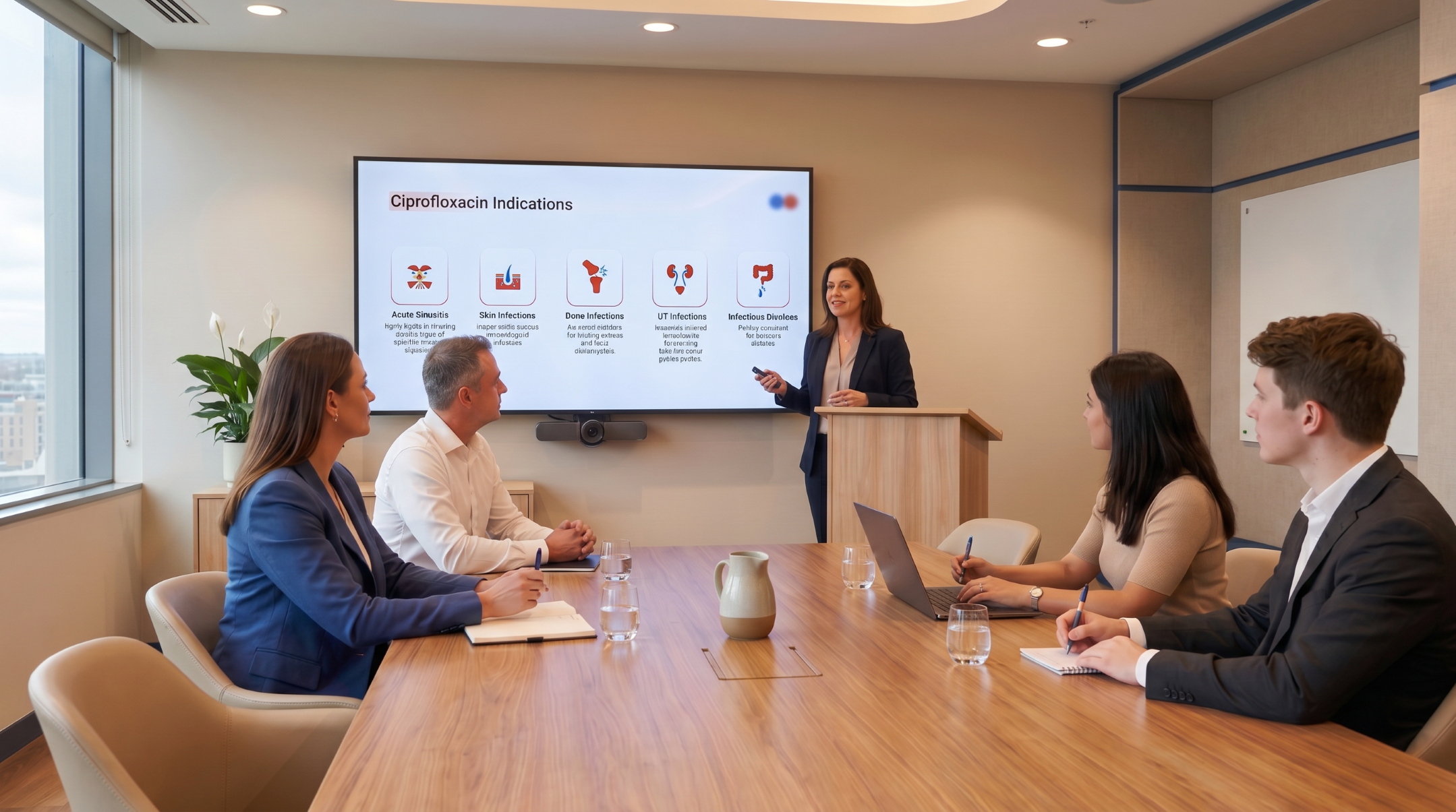 Healthcare presenter discussing clinical indications of ciprofloxacin using an editable PowerPoint presentation template in a meeting room.