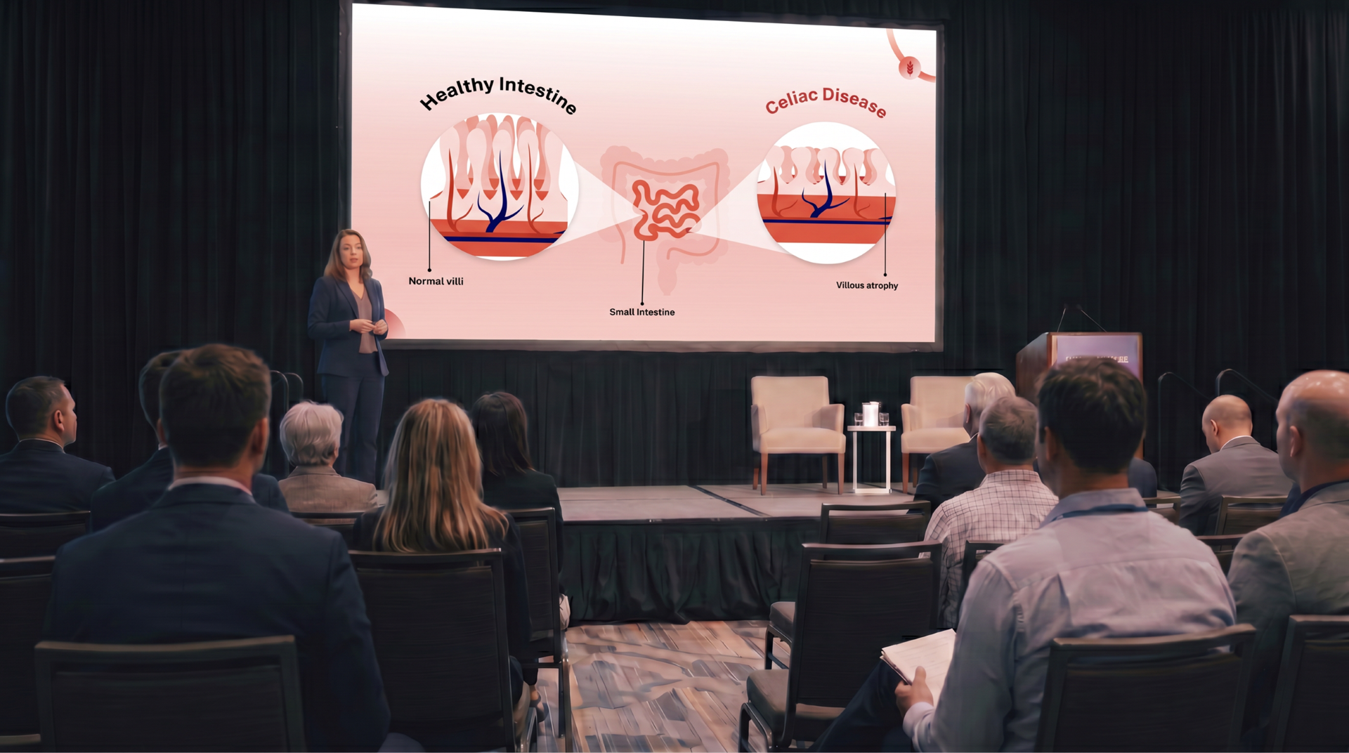 Medical presenter explaining the differences between a healthy intestine and celiac disease using an editable PowerPoint presentation at a healthcare conference.