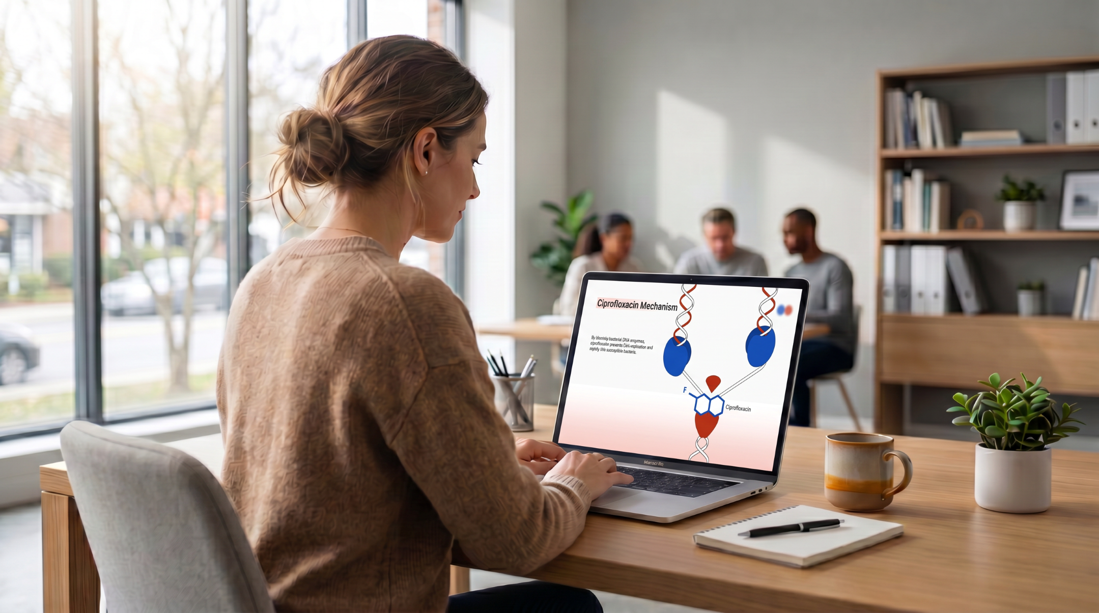 Healthcare professional reviewing a ciprofloxacin mechanism of action PowerPoint presentation on a laptop.