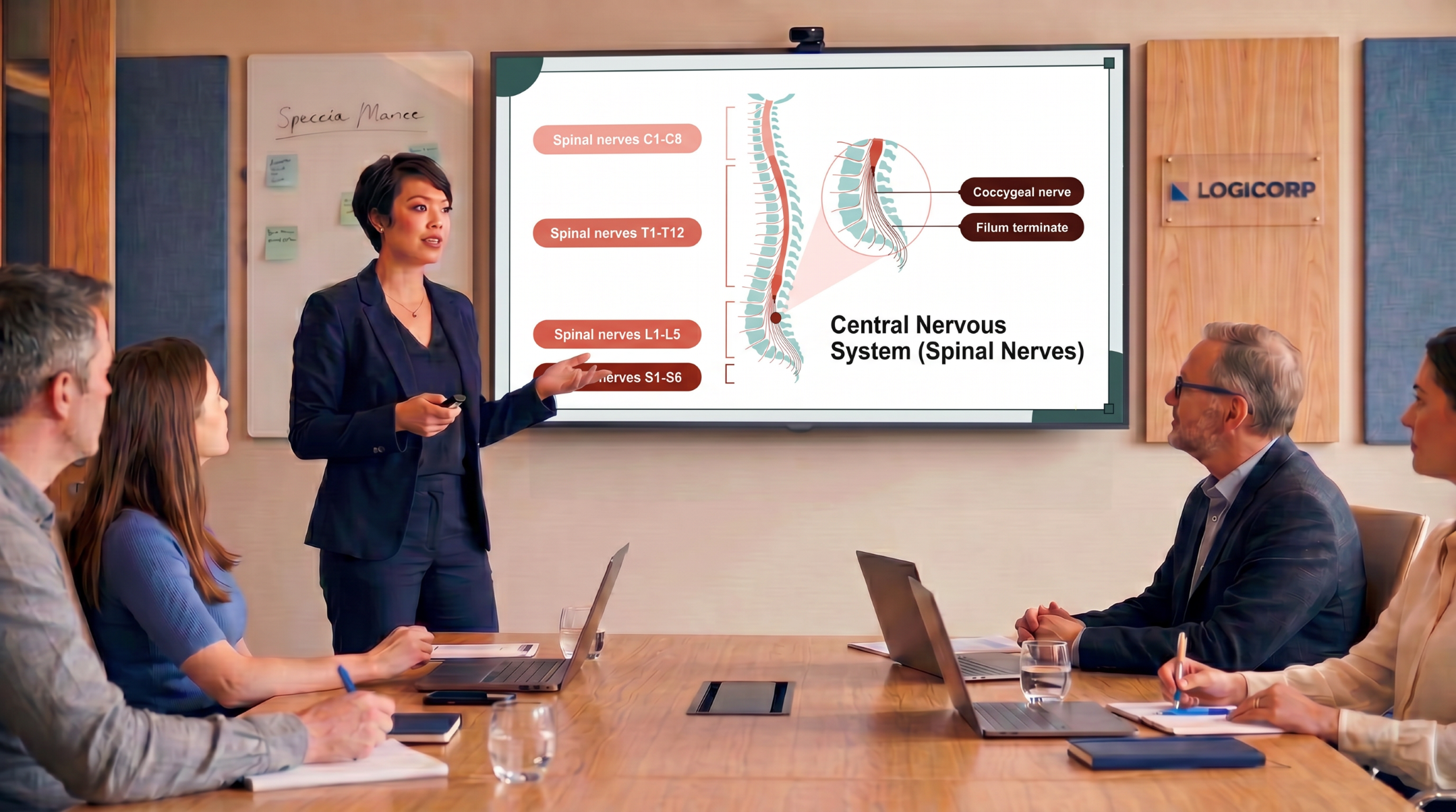 Medical presenter discussing spinal nerves and the central nervous system using an editable PowerPoint presentation template.