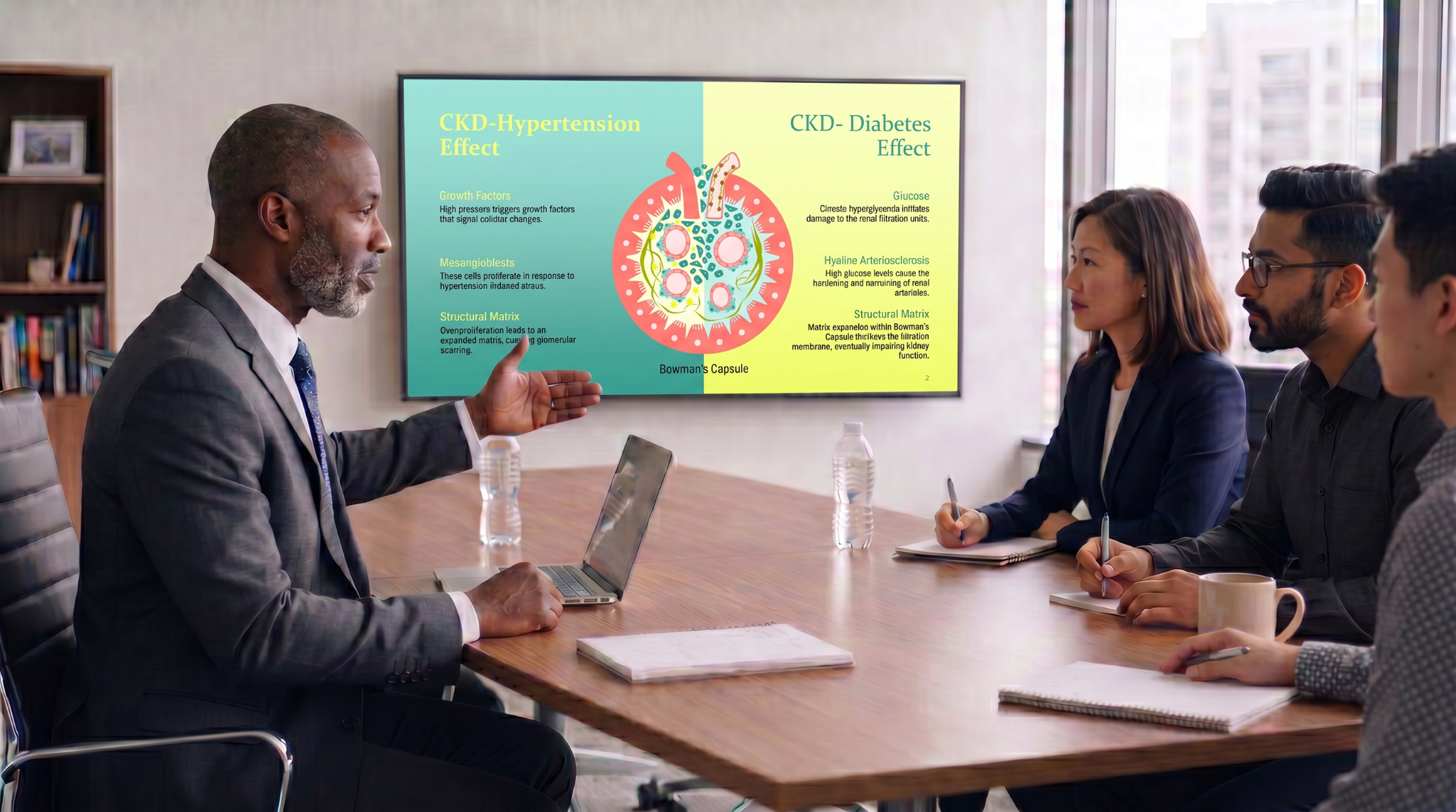 Medical presenter explaining the effects of hypertension and diabetes on chronic kidney disease using an editable PowerPoint presentation.