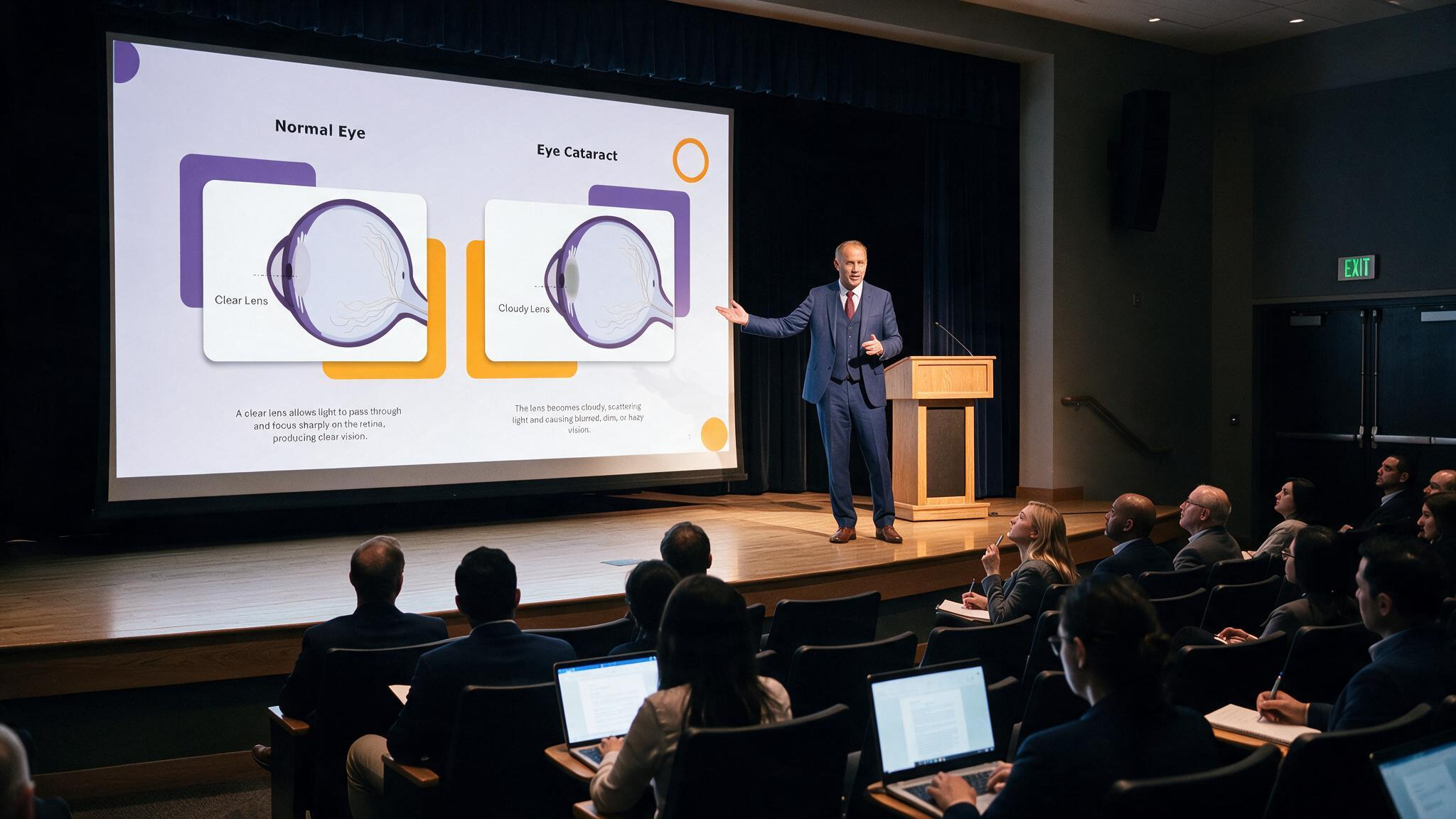Normal eye versus cataracts comparison presentation displayed on a large conference screen during an ophthalmology educational lecture.