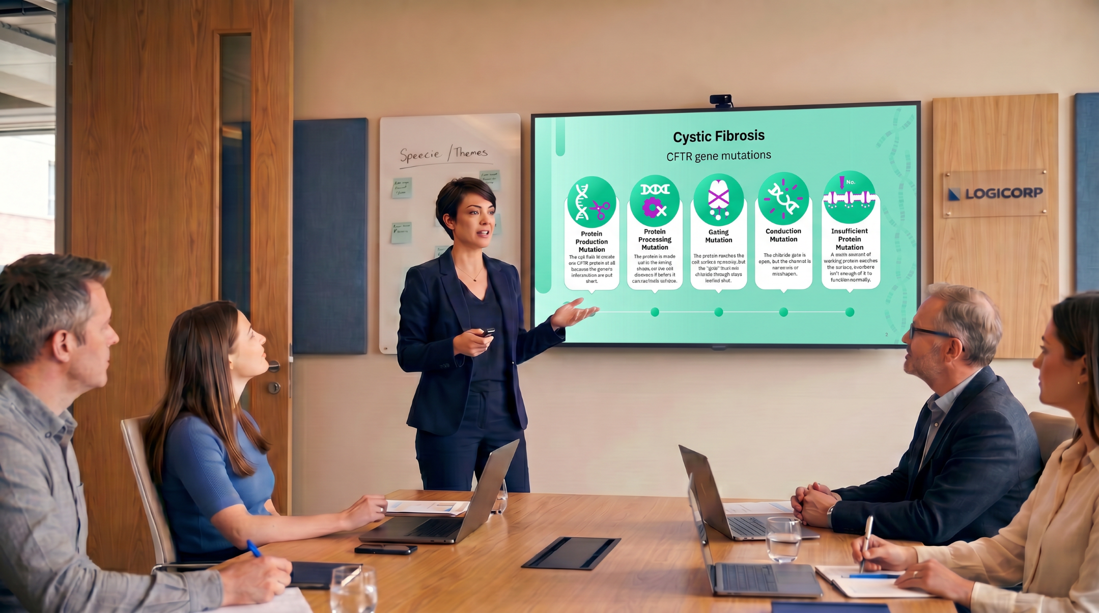 Healthcare educator presenting CFTR gene mutation types using an editable Cystic Fibrosis PowerPoint presentation template.