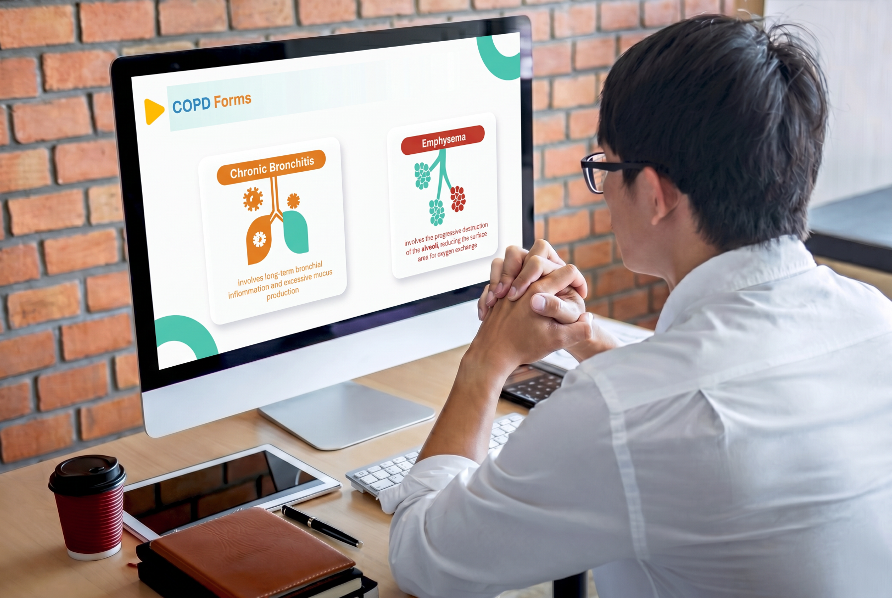 Healthcare professional reviewing COPD forms including chronic bronchitis and emphysema using an editable PowerPoint presentation template.