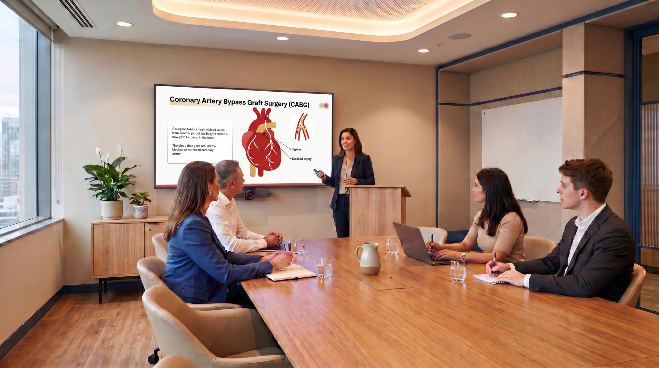 Healthcare presenter explaining coronary artery bypass graft surgery using an editable Coronary Artery Disease PowerPoint template.