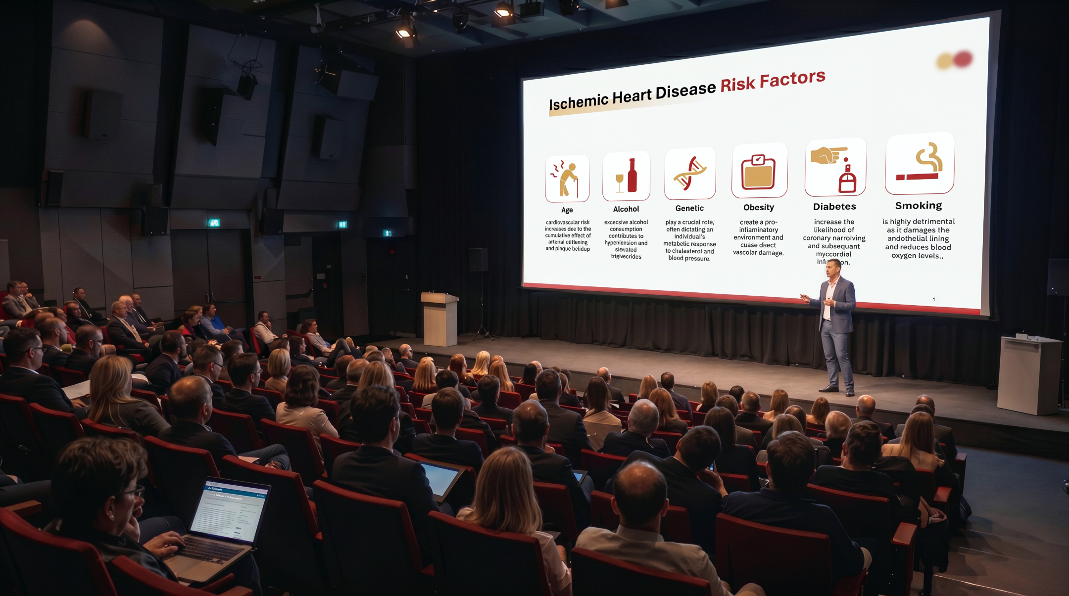 Presenter explaining coronary artery disease risk factors using an editable Coronary Artery Disease PowerPoint presentation template.