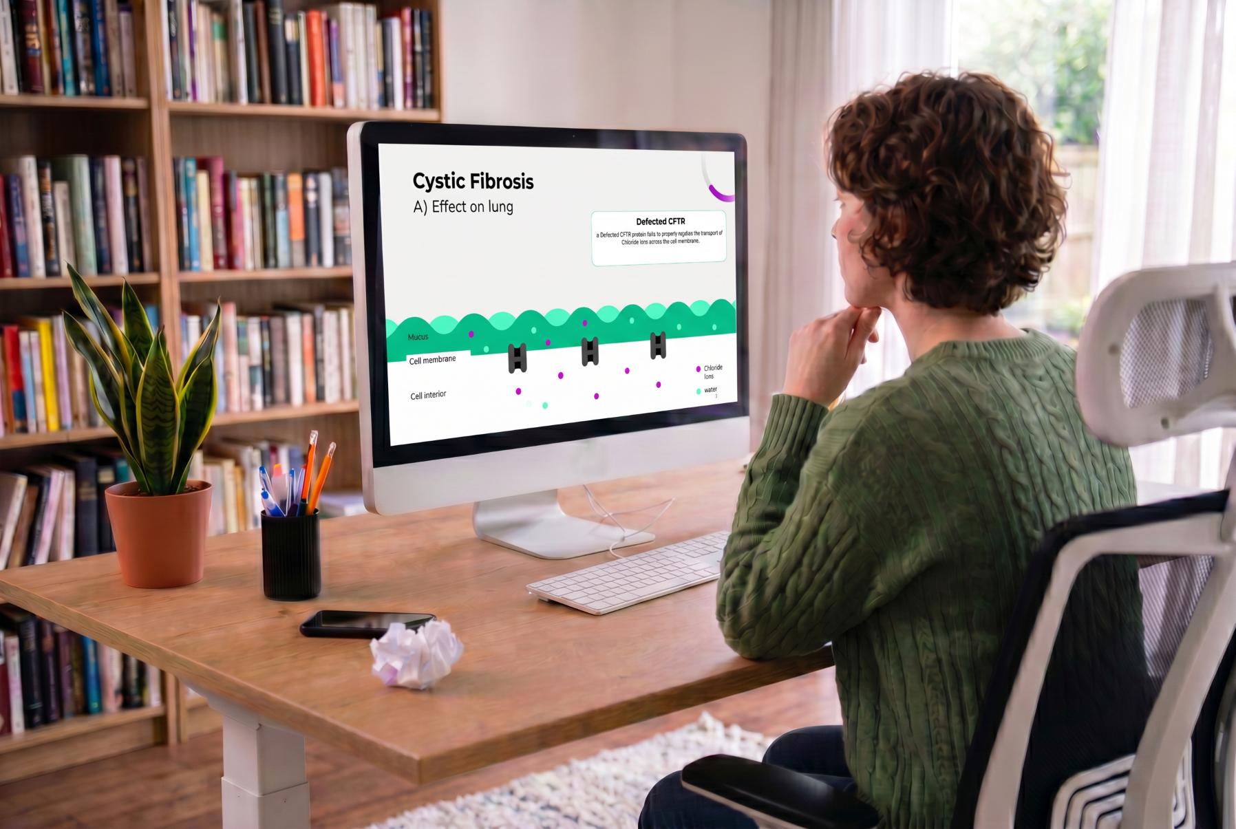 Medical learner reviewing cystic fibrosis lung pathophysiology using an editable Cystic Fibrosis PowerPoint presentation template.
