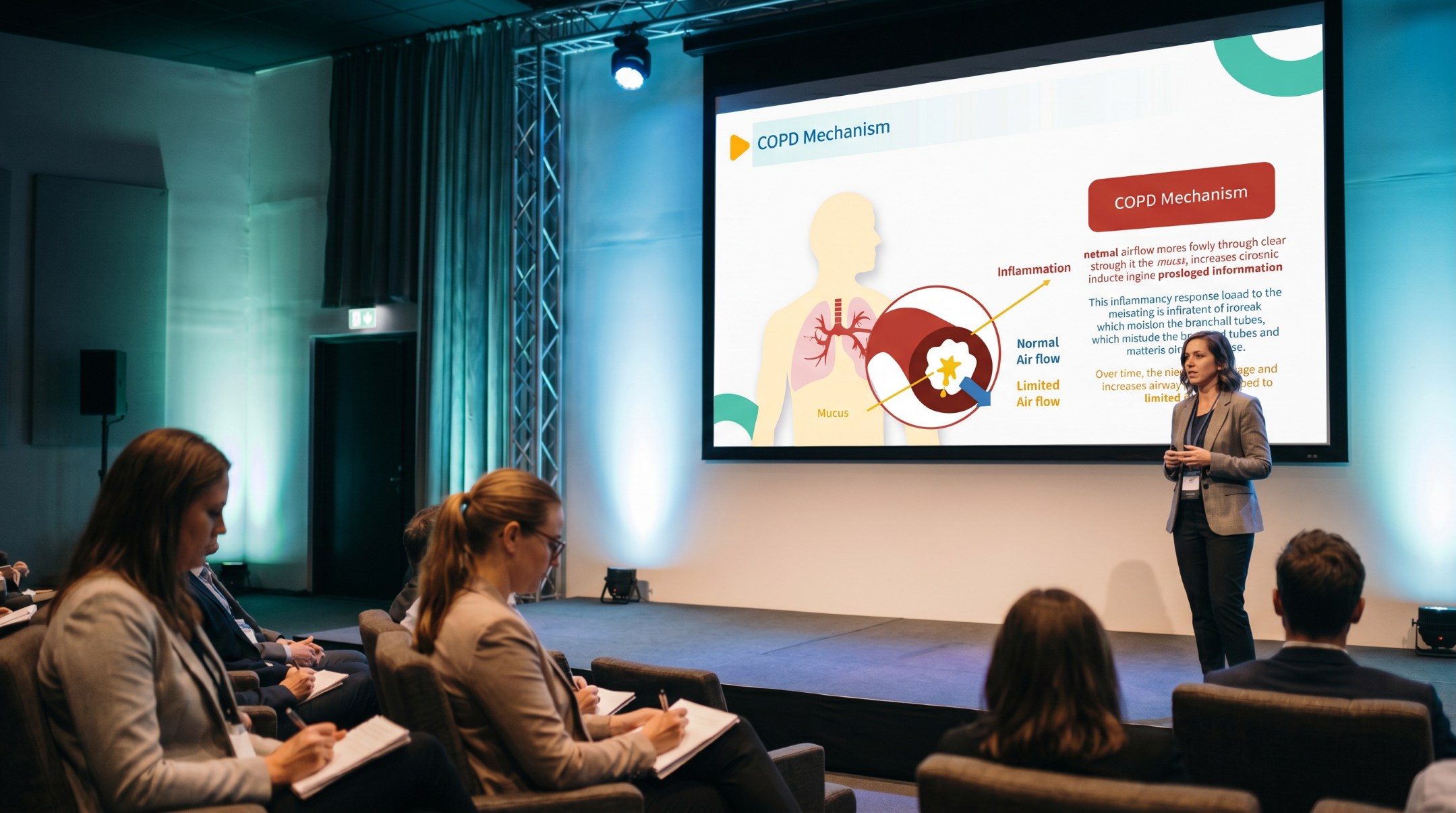 Presenter explaining the mechanism of chronic obstructive pulmonary disease using an editable COPD PowerPoint presentation template.