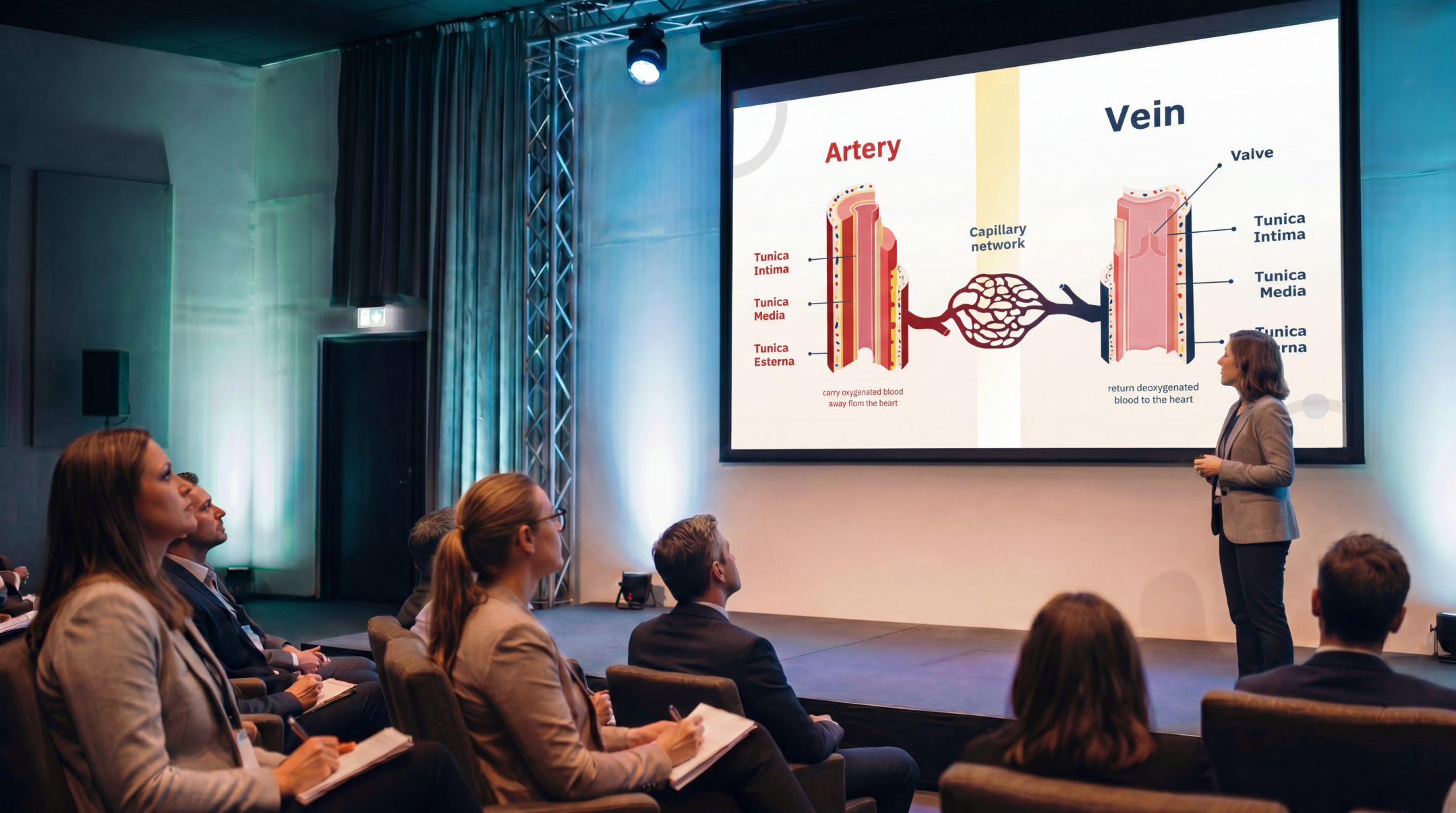 Medical presenter explaining artery and vein anatomy using an editable Cardiovascular System Anatomy & Physiology PowerPoint presentation template.
