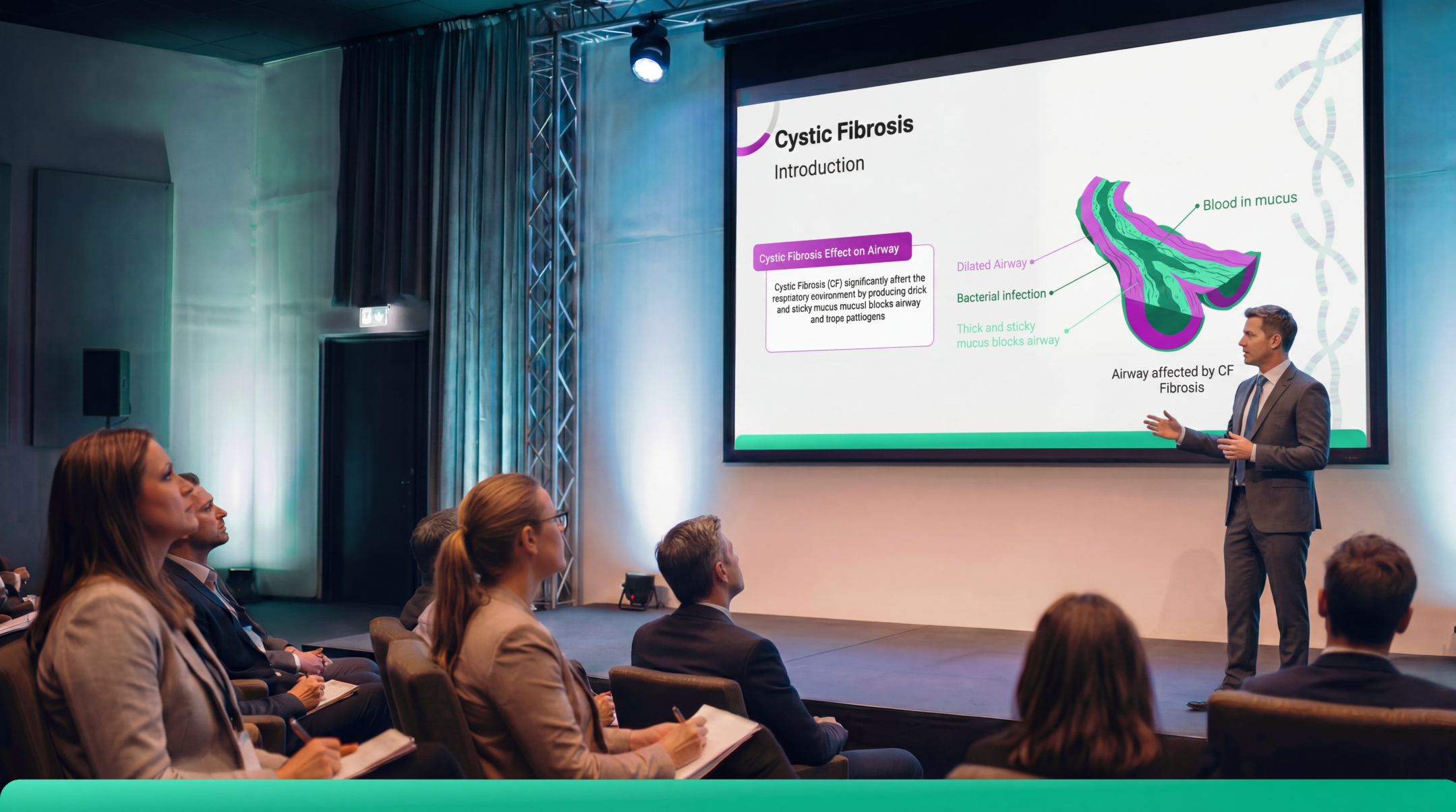 Medical presenter explaining cystic fibrosis airway pathology using an editable Cystic Fibrosis PowerPoint presentation template.