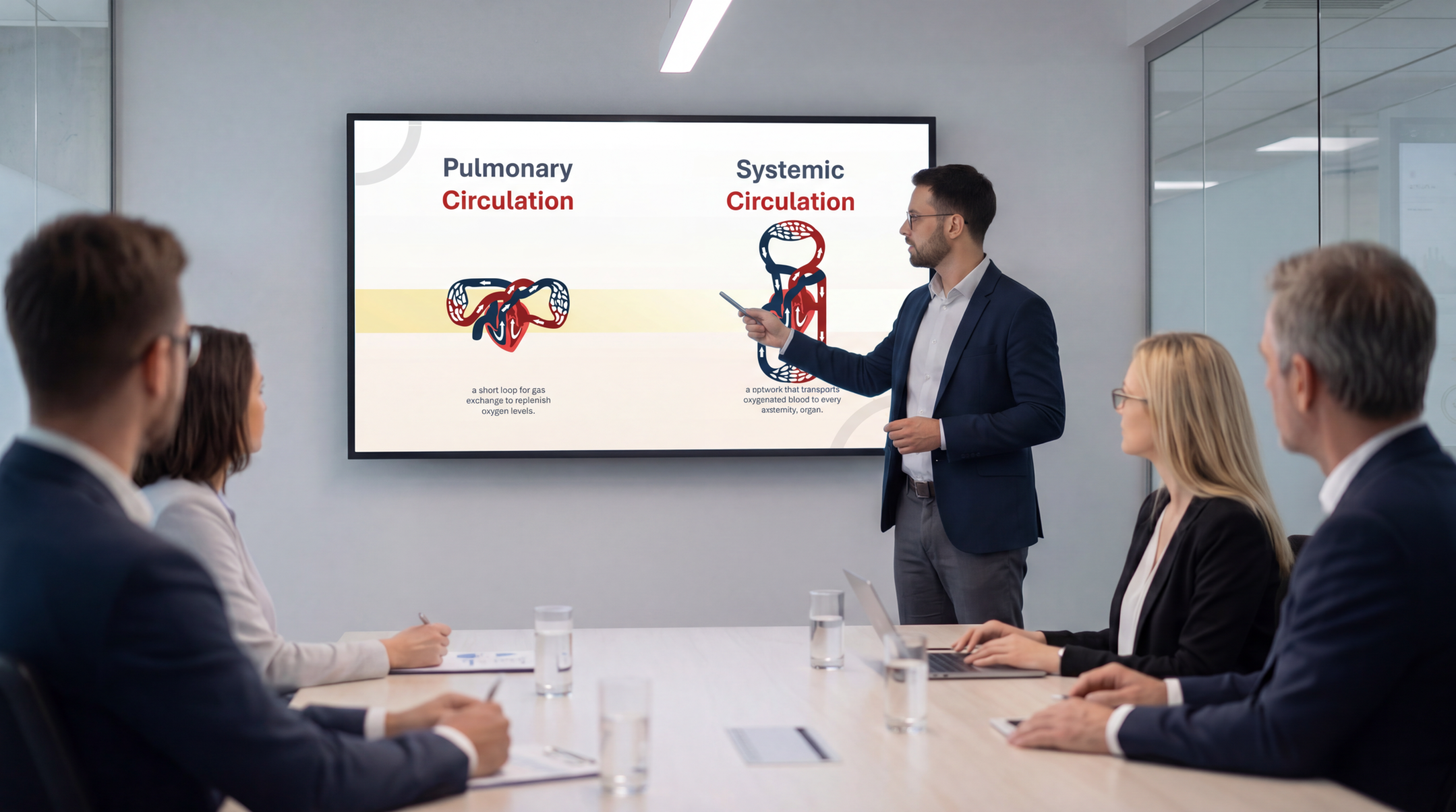 Healthcare educator presenting pulmonary and systemic circulation using an editable Cardiovascular System Anatomy & Physiology PowerPoint template.