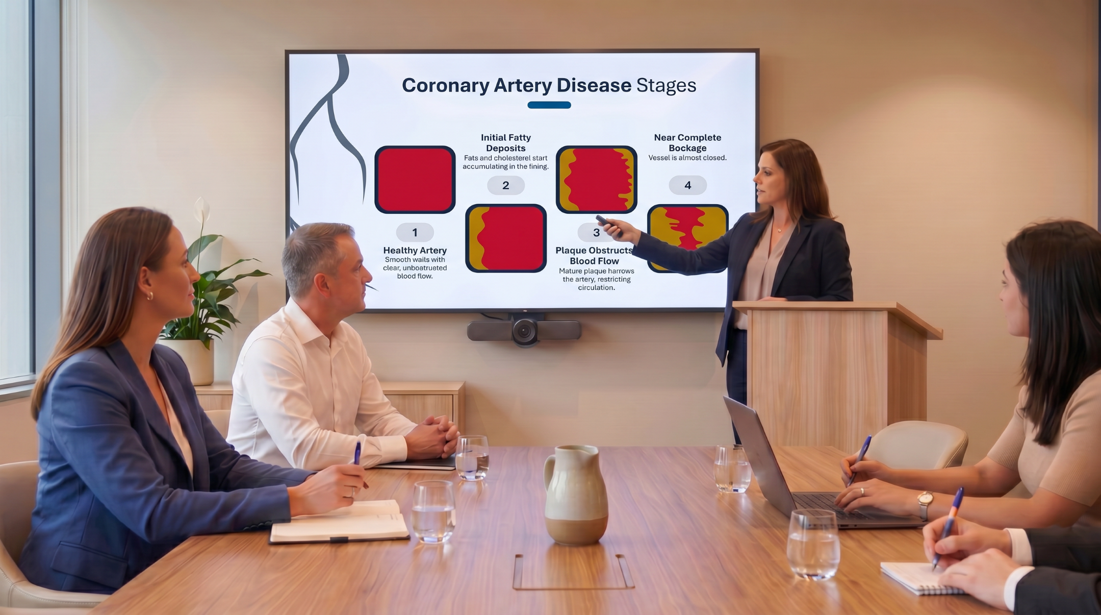 Healthcare presenter explaining the stages of coronary artery disease using an editable Coronary Artery Disease Overview PowerPoint template.