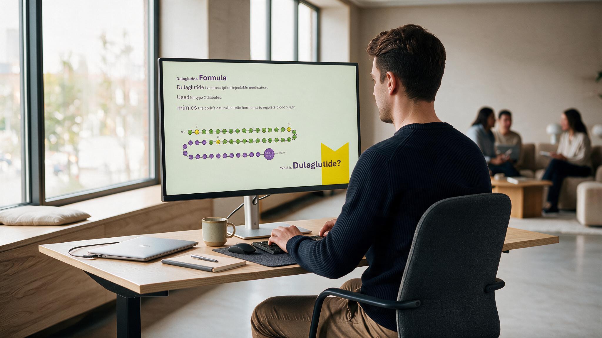 Dulaglutide formula presentation displayed on a desktop monitor illustrating the molecular structure and overview of the GLP-1 receptor agonist for medical education.