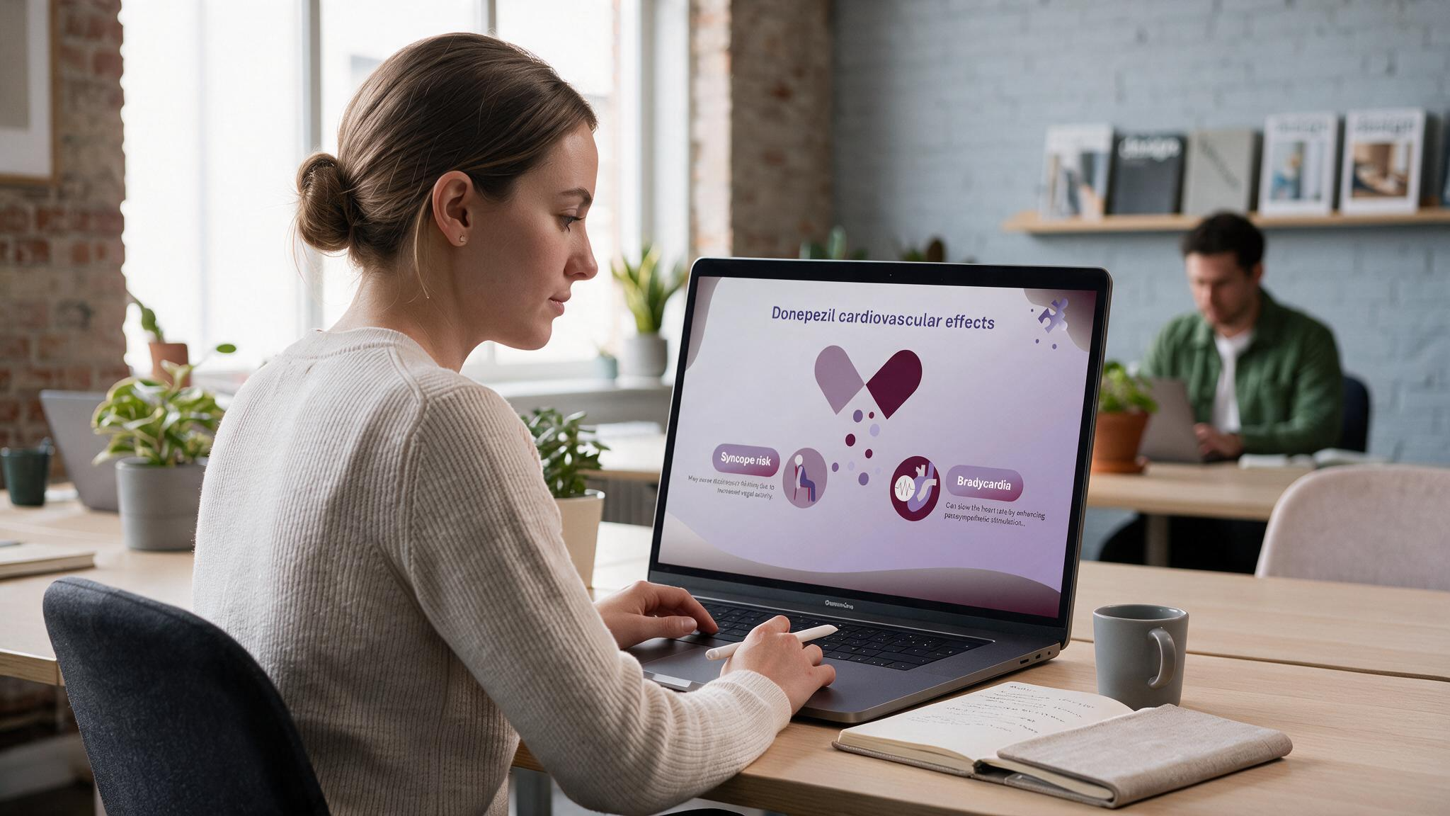 Donepezil cardiovascular effects presentation displayed on a laptop explaining bradycardia risk and cardiac safety considerations for healthcare learners.