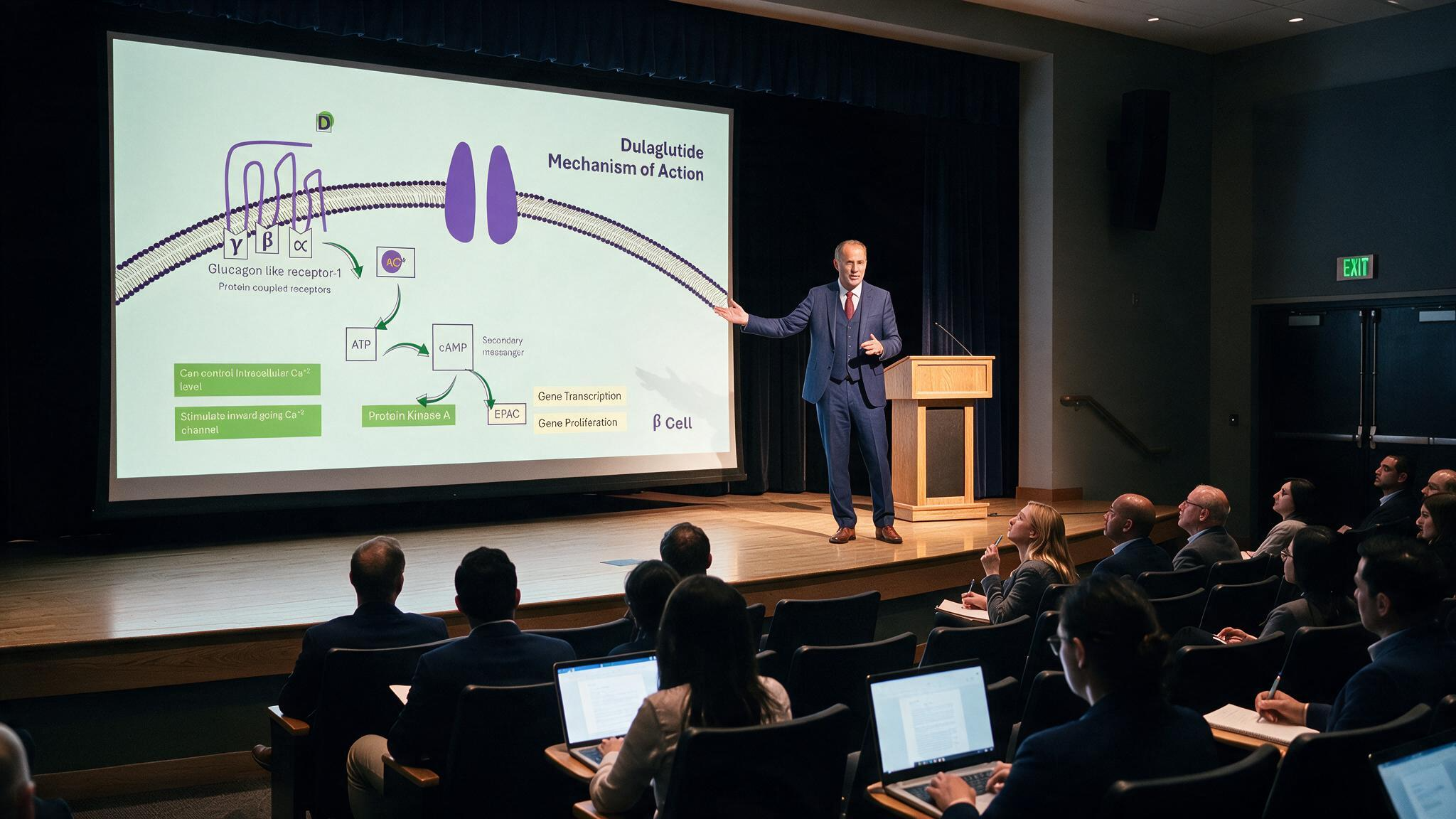 Dulaglutide mechanism of action presentation displayed on a large conference screen illustrating GLP-1 receptor signaling, cAMP activation, and beta cell insulin secretion during a medical lecture.