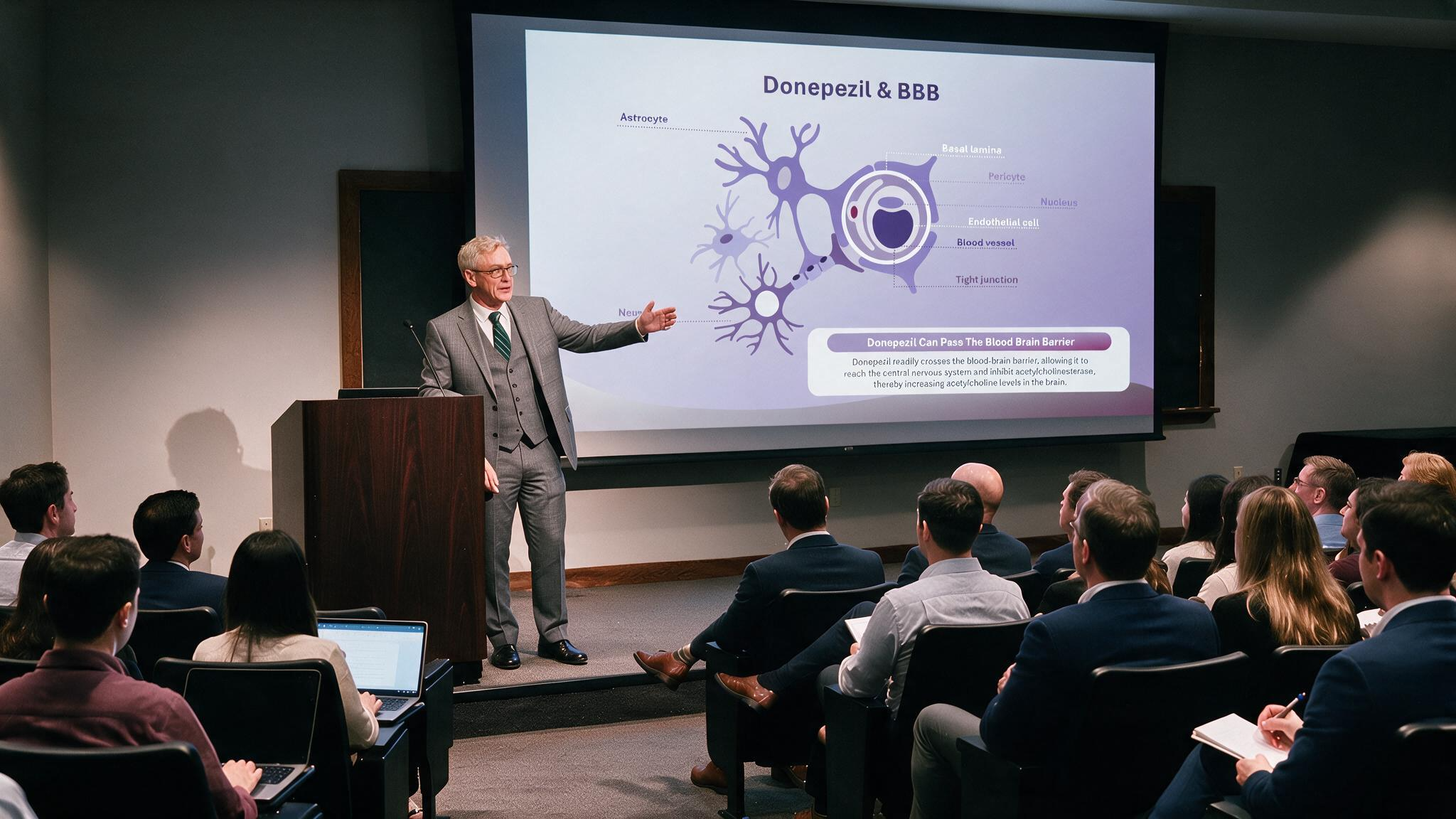 Donepezil blood-brain barrier presentation displayed on a large conference screen explaining central nervous system penetration during a pharmacology lecture.