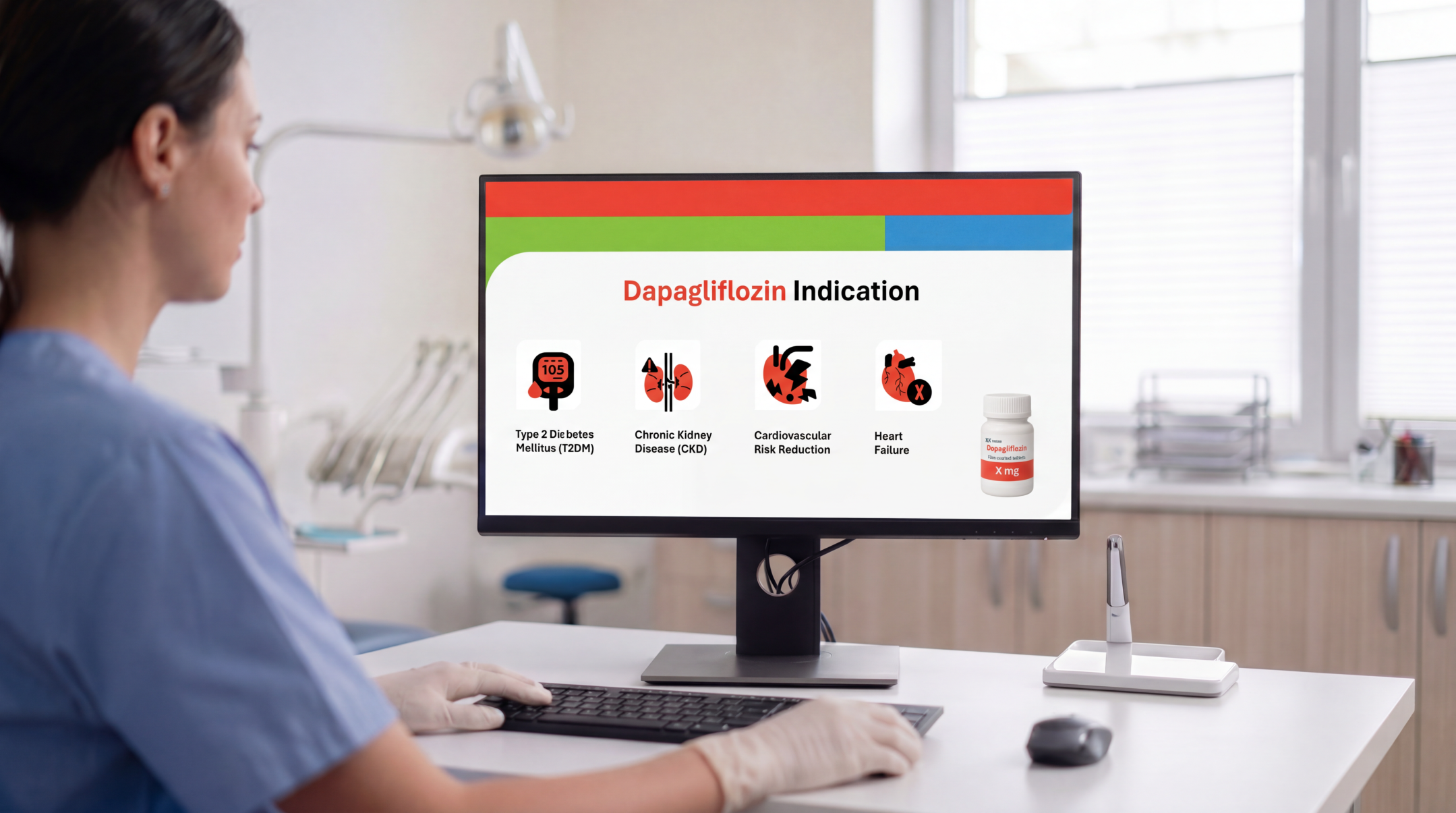Healthcare professional reviewing Dapagliflozin clinical indications using an editable Dapagliflozin PowerPoint presentation template.