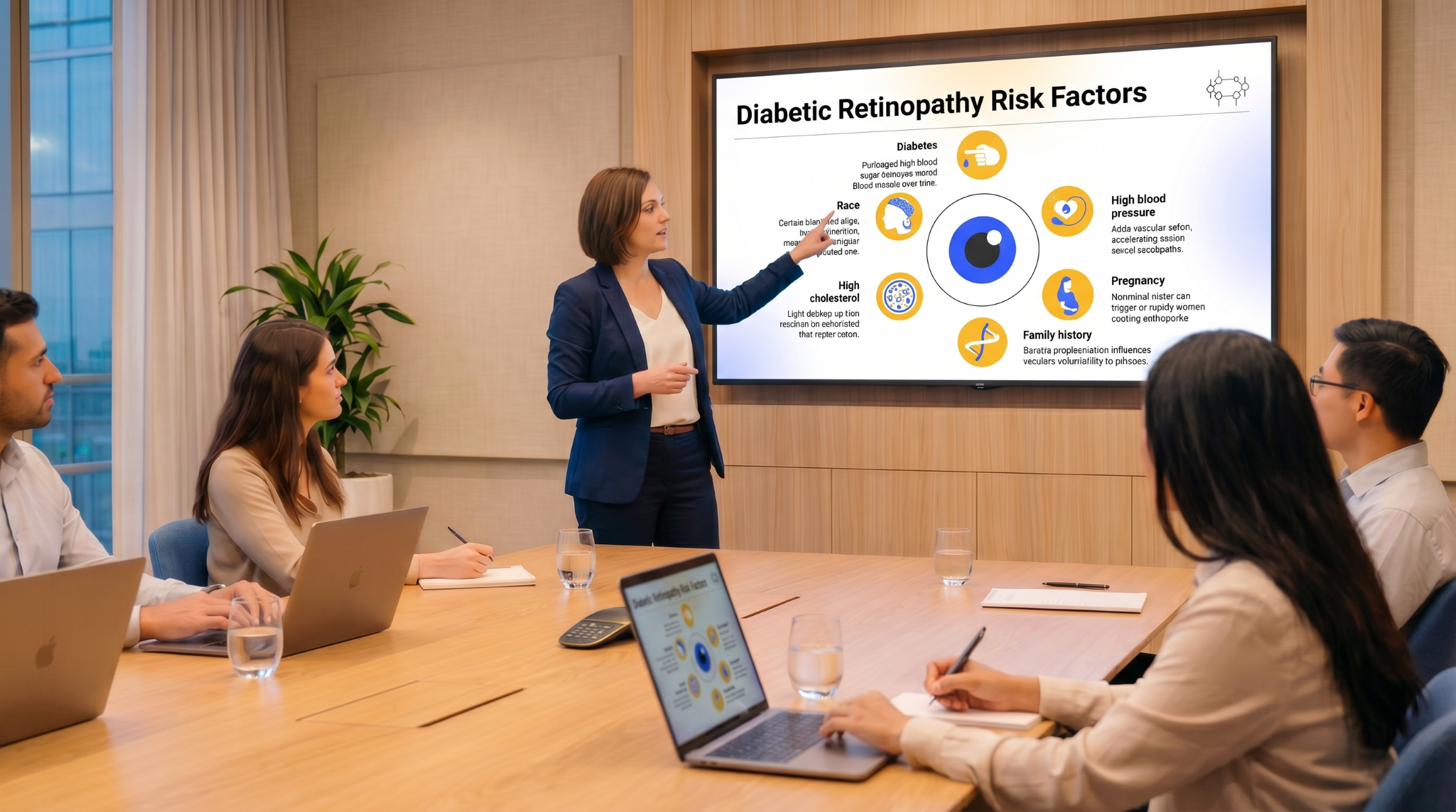 Healthcare presenter explaining diabetic retinopathy risk factors using an editable Diabetic Retinopathy PowerPoint presentation template.