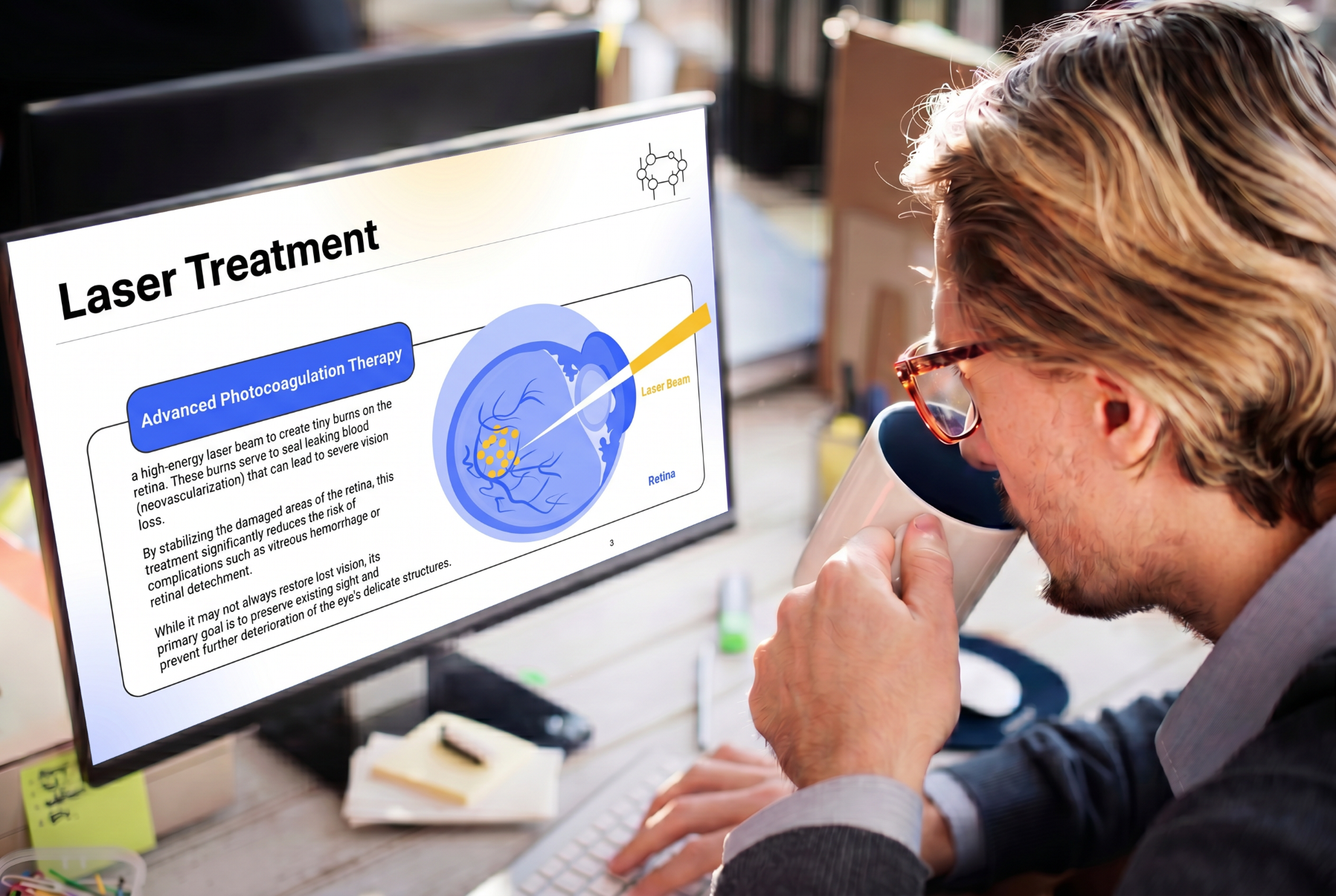 Healthcare professional reviewing laser treatment for diabetic retinopathy using an editable Diabetic Retinopathy PowerPoint presentation template.