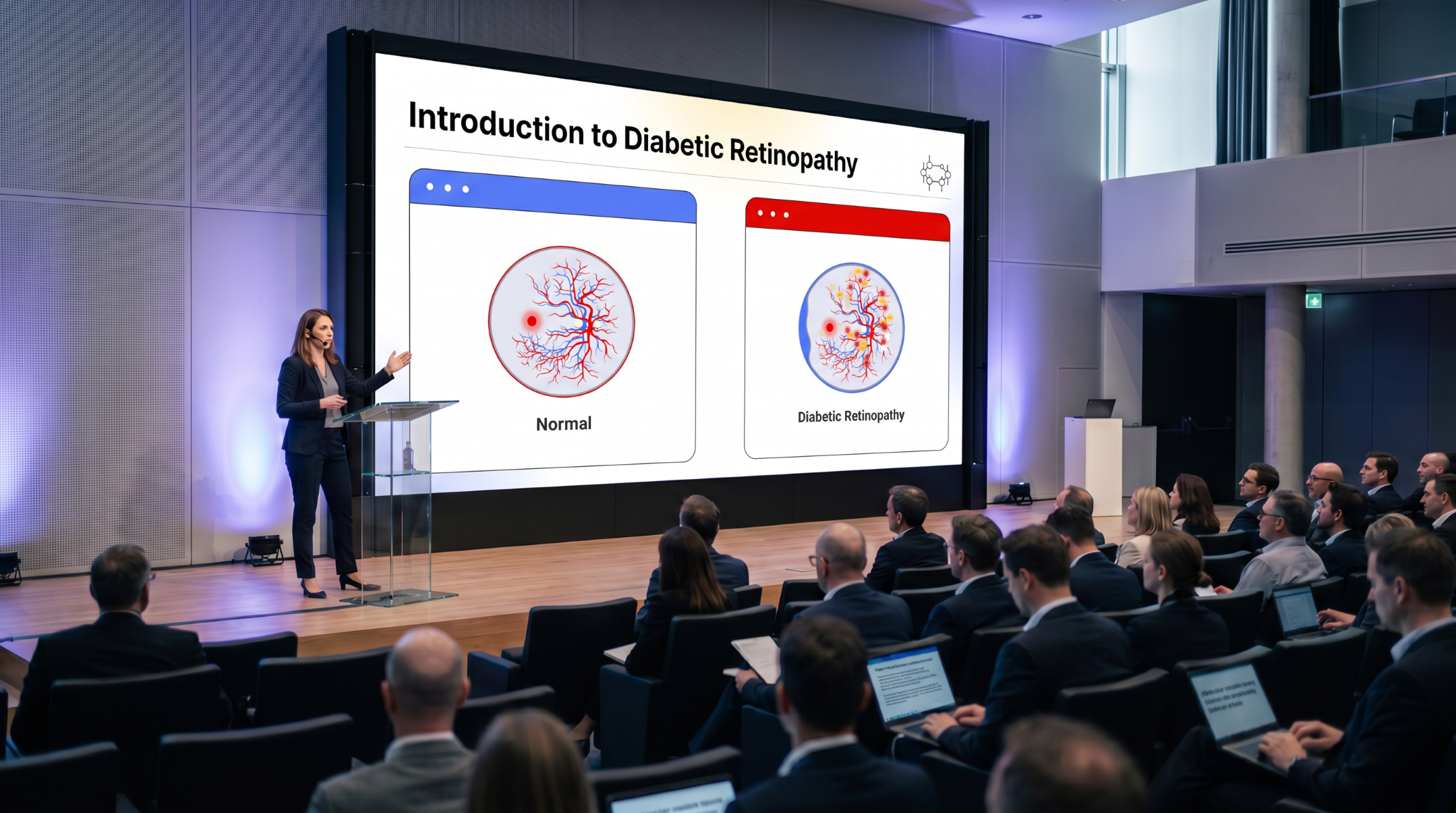 Medical presenter introducing diabetic retinopathy using an editable Diabetic Retinopathy PowerPoint presentation template with normal and diseased retina comparison.
