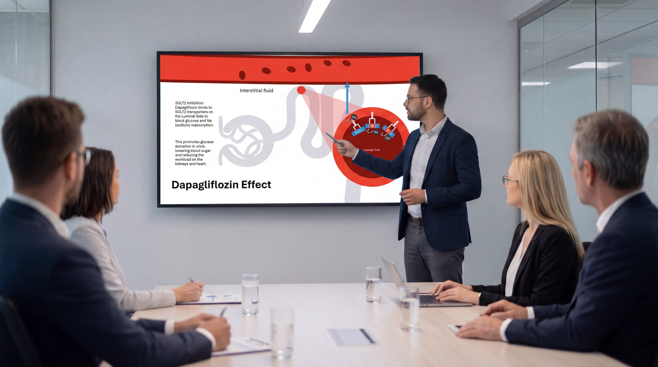 Healthcare presenter explaining the mechanism of action of Dapagliflozin using an editable Dapagliflozin PowerPoint presentation template.