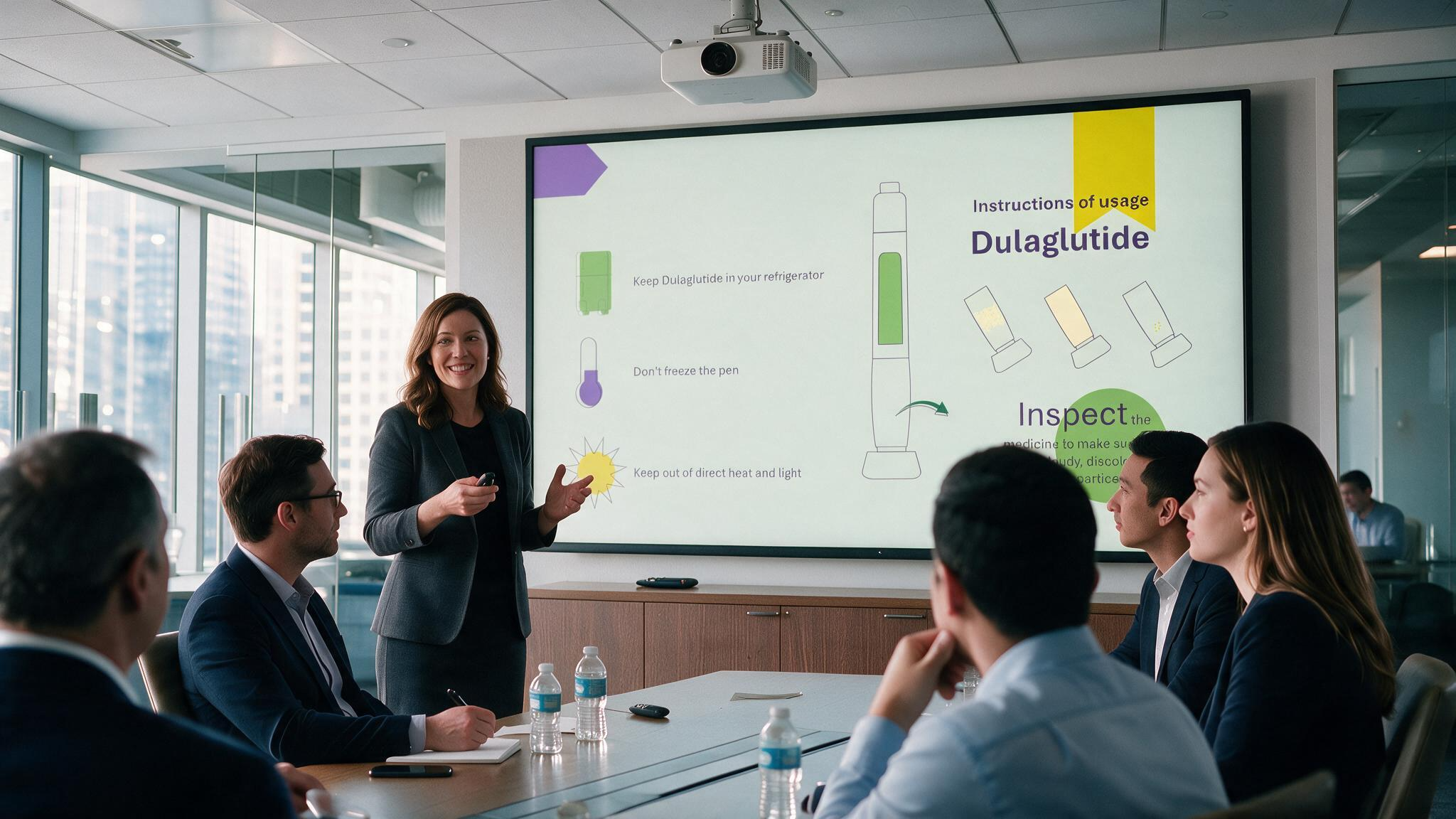 Dulaglutide administration presentation displayed during a clinical meeting explaining storage instructions, pen inspection, and proper medication handling with illustrated guidance.