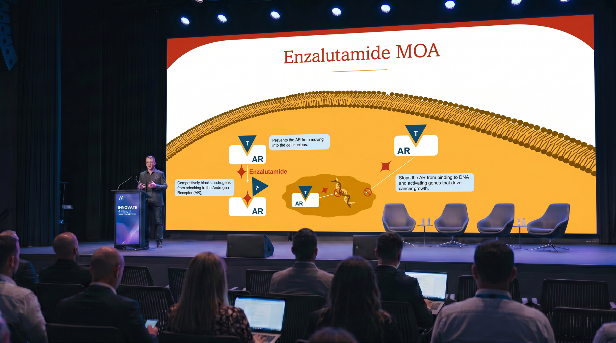 Medical presenter explaining the mechanism of action of Enzalutamide using an editable Enzalutamide PowerPoint presentation template.