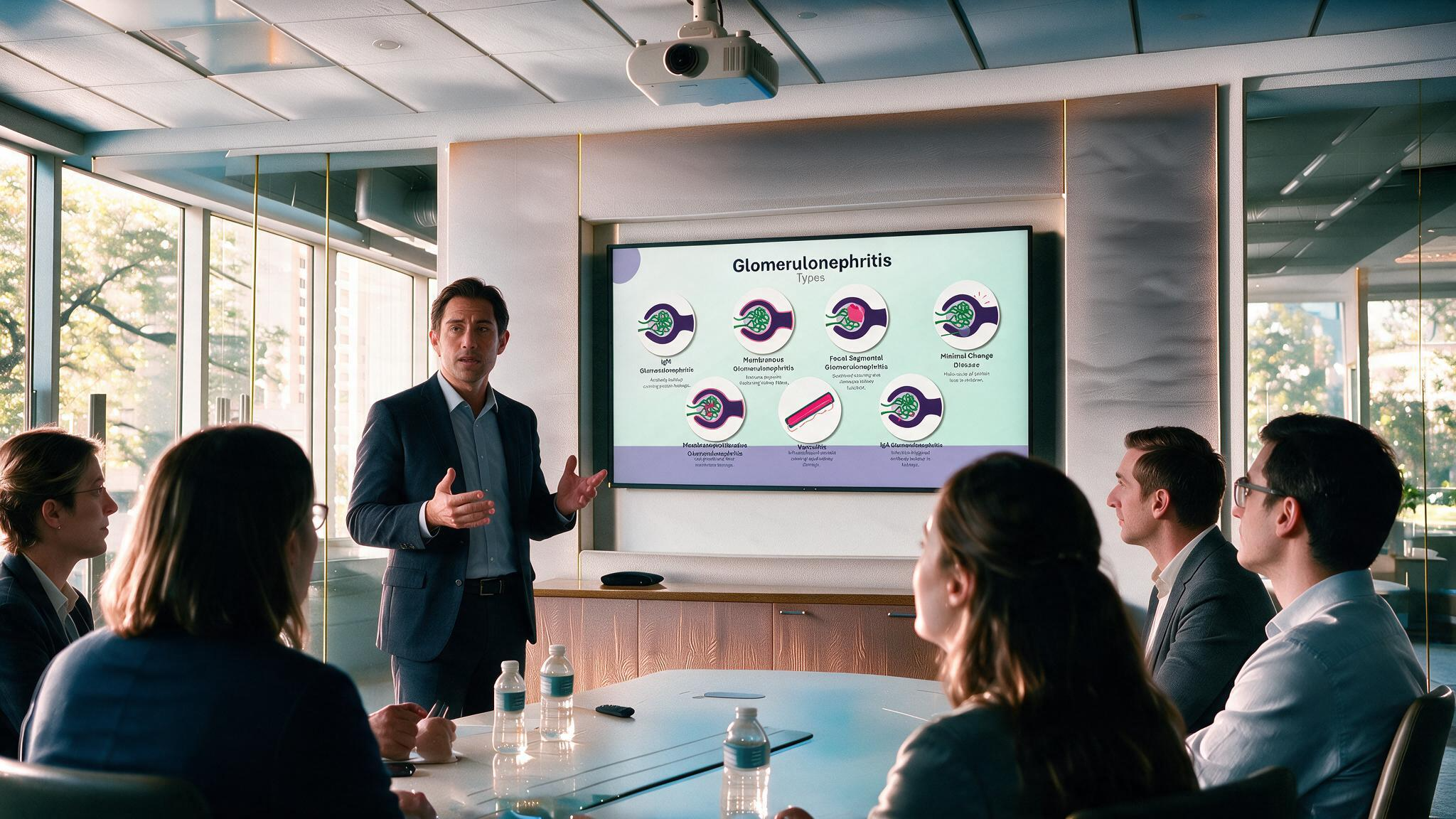 Glomerulonephritis types presentation displayed during a medical meeting comparing multiple glomerular diseases with simplified kidney illustrations for clinical education.