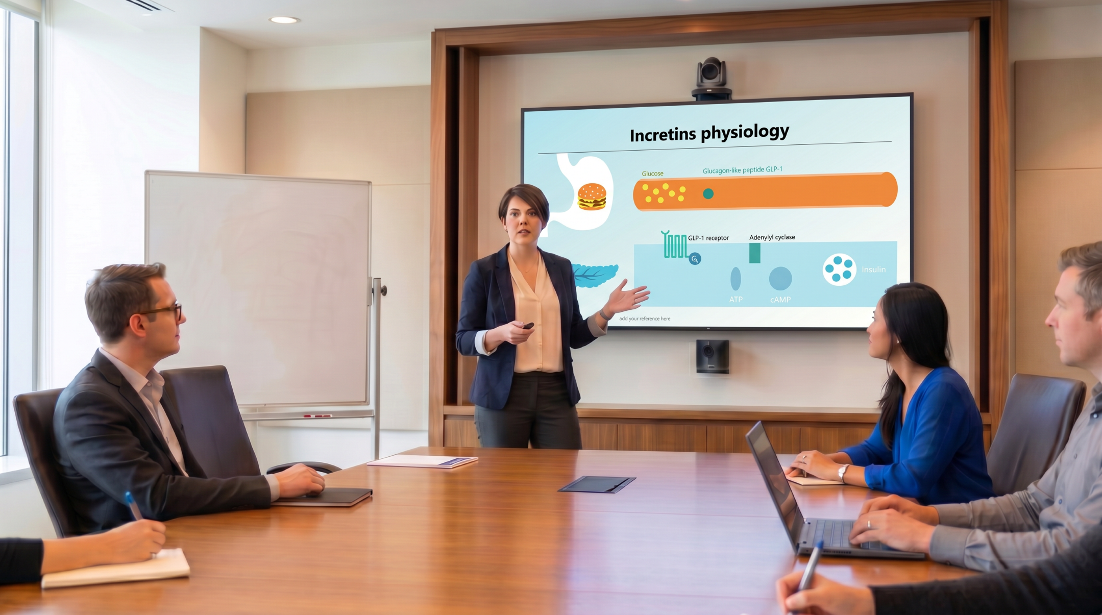 Healthcare educator presenting incretin physiology with an editable Exenatide PowerPoint presentation template.