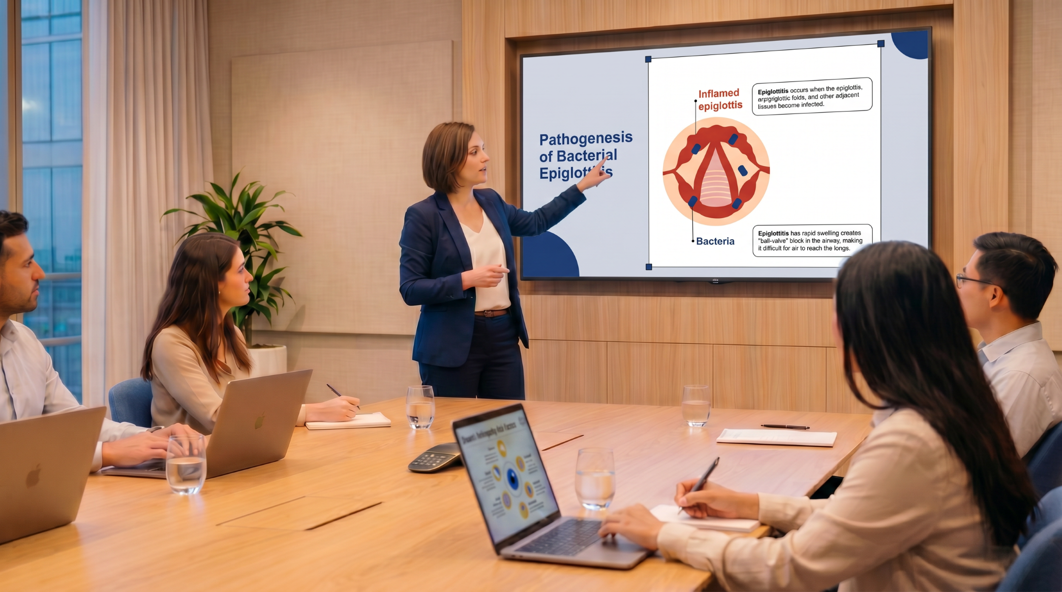 Healthcare educator presenting the bacterial pathogenesis of epiglottitis using an editable Epiglottitis PowerPoint presentation template.