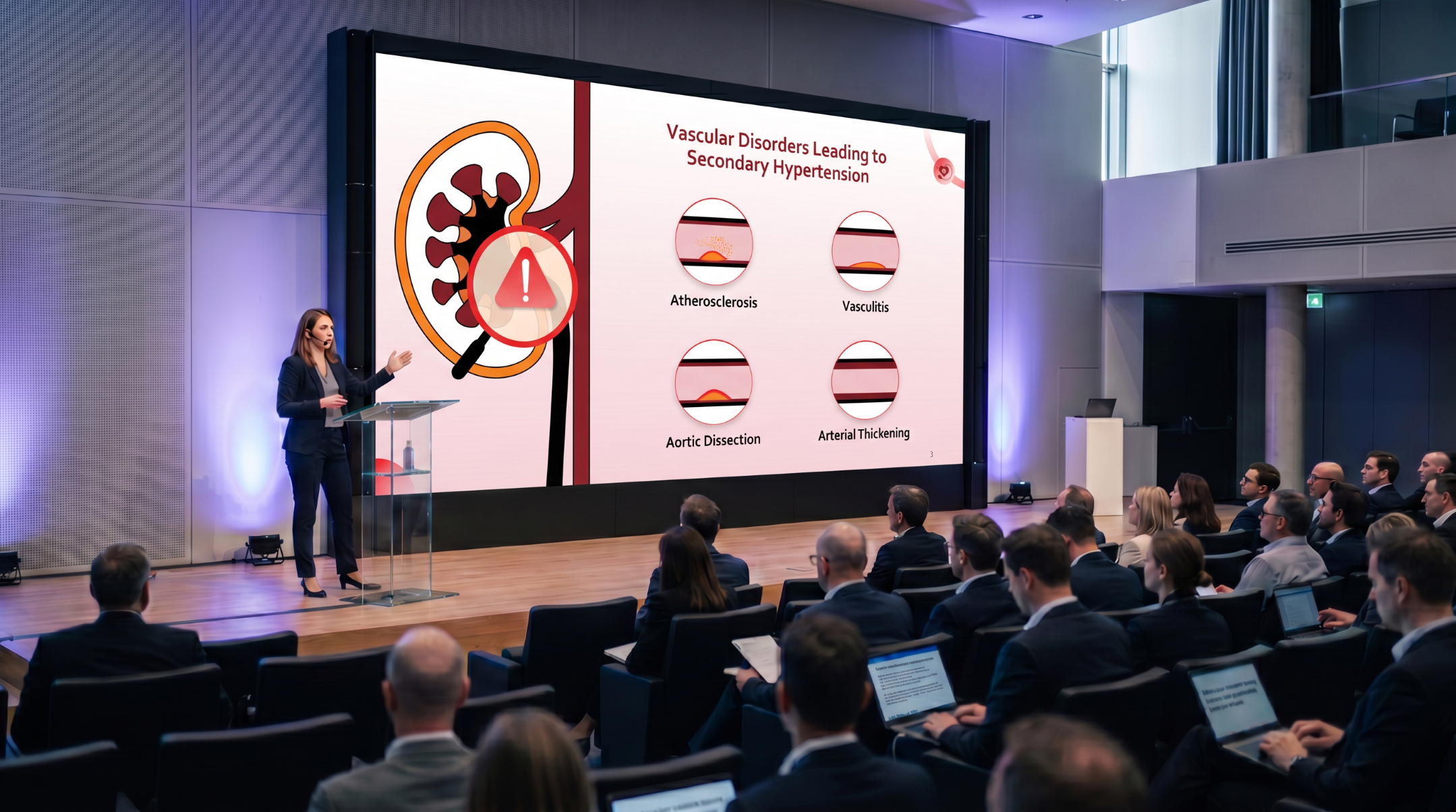 Medical presenter explaining vascular disorders leading to secondary hypertension using an editable Hypertension PowerPoint presentation template.