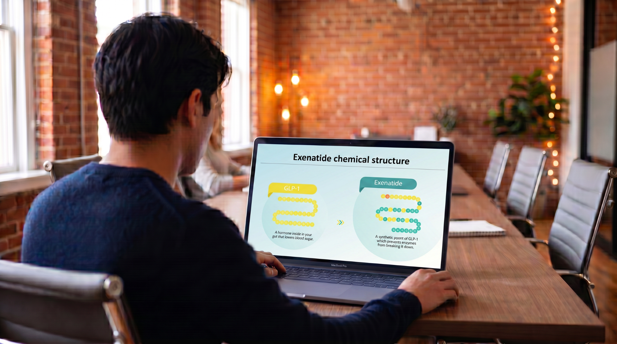 Healthcare professional reviewing the Exenatide chemical structure using an editable Exenatide PowerPoint presentation template.