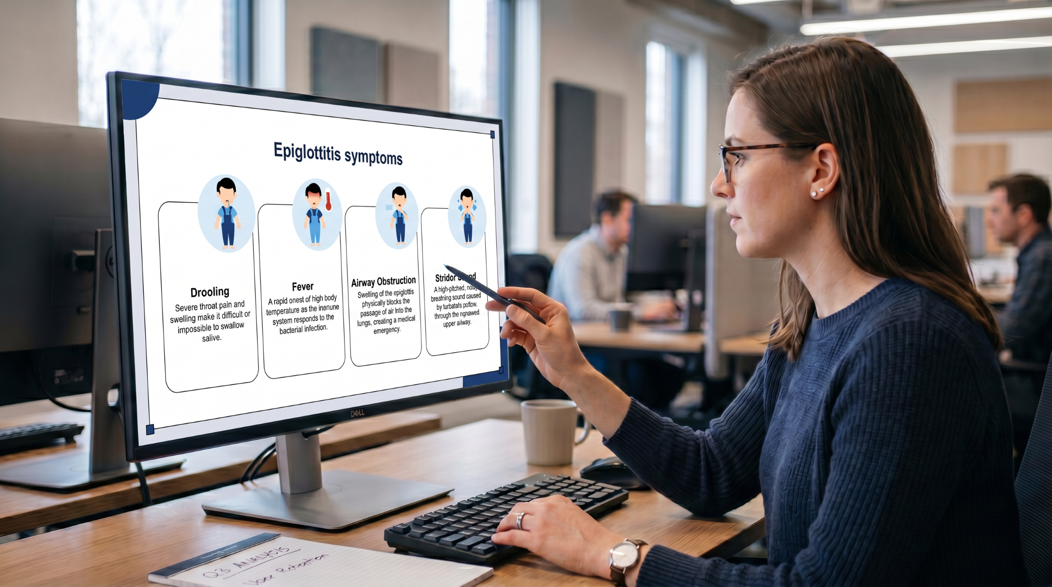 Healthcare professional reviewing epiglottitis symptoms using an editable Epiglottitis PowerPoint presentation template.