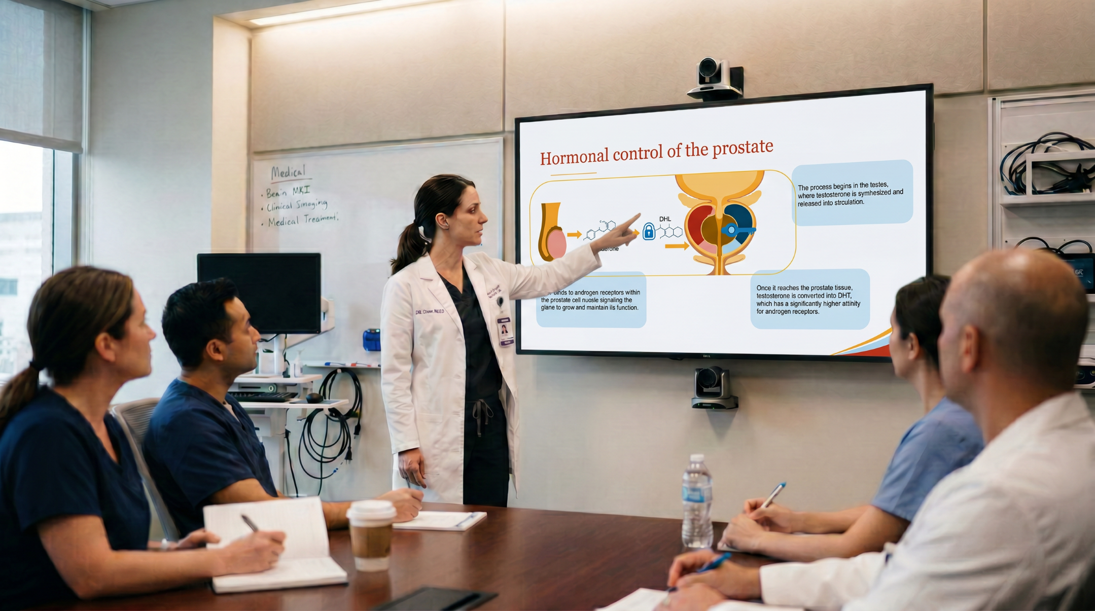 Healthcare educator presenting hormonal control of the prostate using an editable Enzalutamide PowerPoint presentation template.