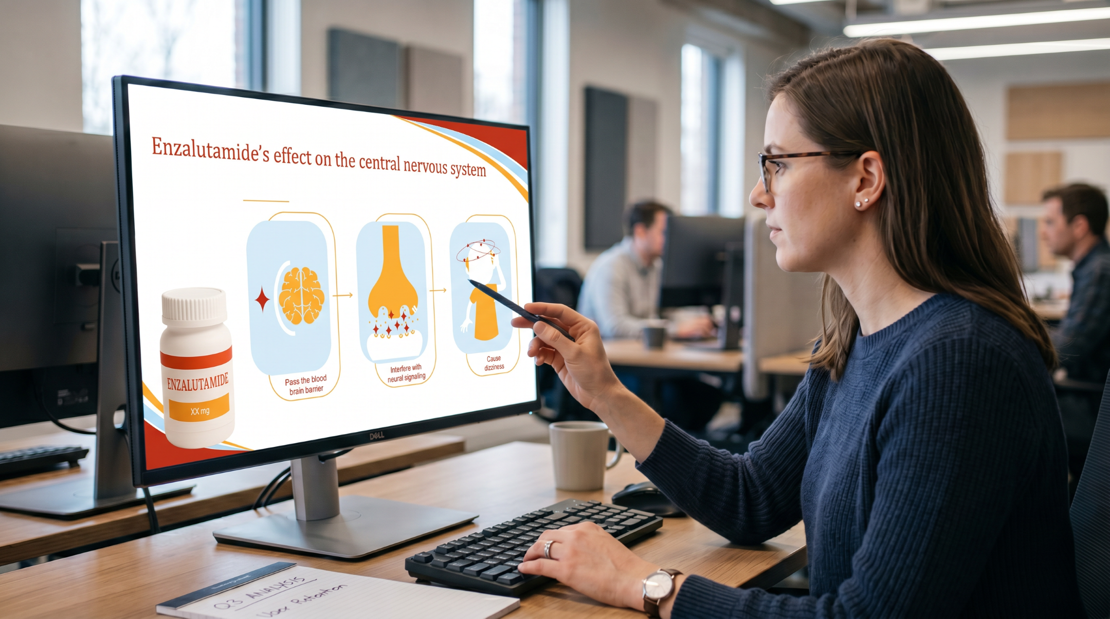 Healthcare professional reviewing Enzalutamide central nervous system effects using an editable Enzalutamide PowerPoint presentation template.
