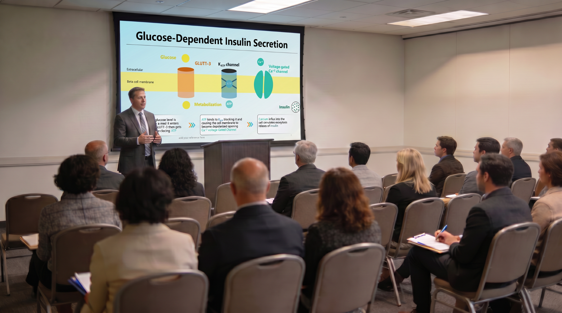 Medical presenter explaining glucose-dependent insulin secretion using an editable Exenatide PowerPoint presentation template.