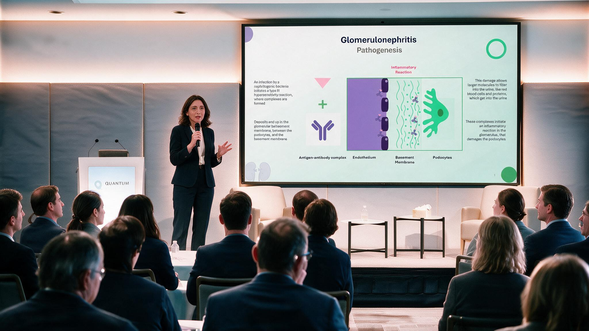 Glomerulonephritis pathogenesis presentation displayed on a large conference screen illustrating antigen-antibody complexes, inflammatory reactions, basement membrane damage, and podocyte injury during a nephrology lecture.