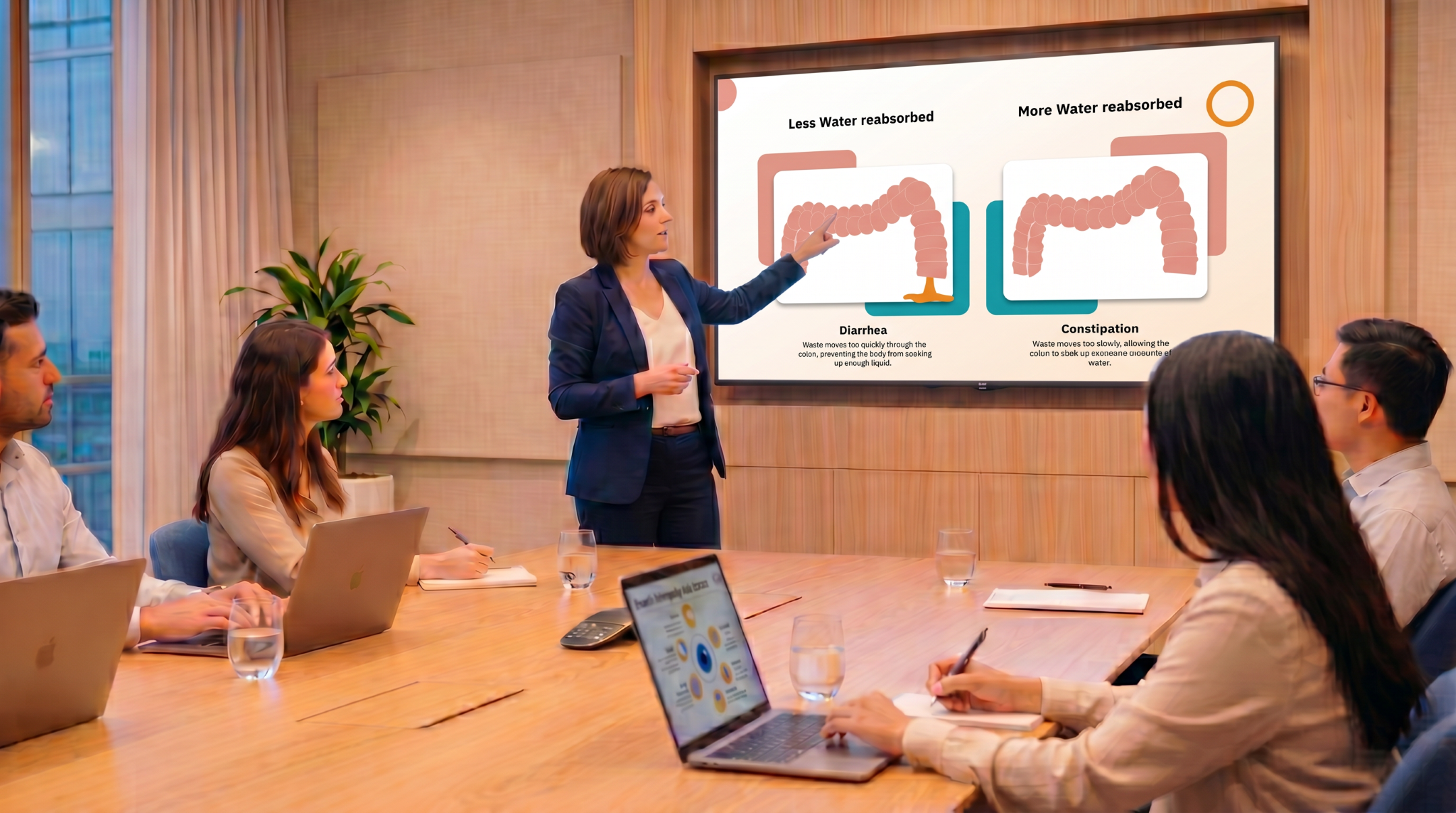 Healthcare educator presenting diarrhea and constipation mechanisms using an editable Irritable Bowel Syndrome PowerPoint presentation template.
