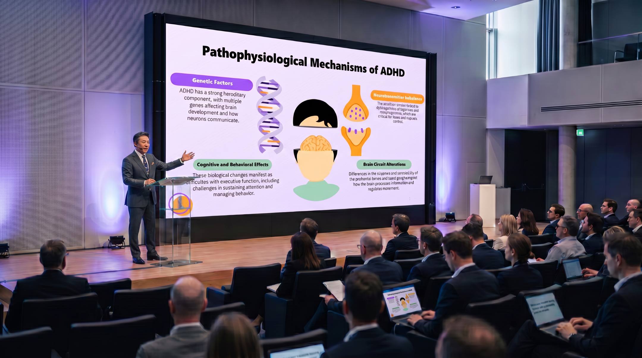 Medical presenter explaining the pathophysiological mechanisms of ADHD using an editable Lisdexamfetamine PowerPoint presentation template.