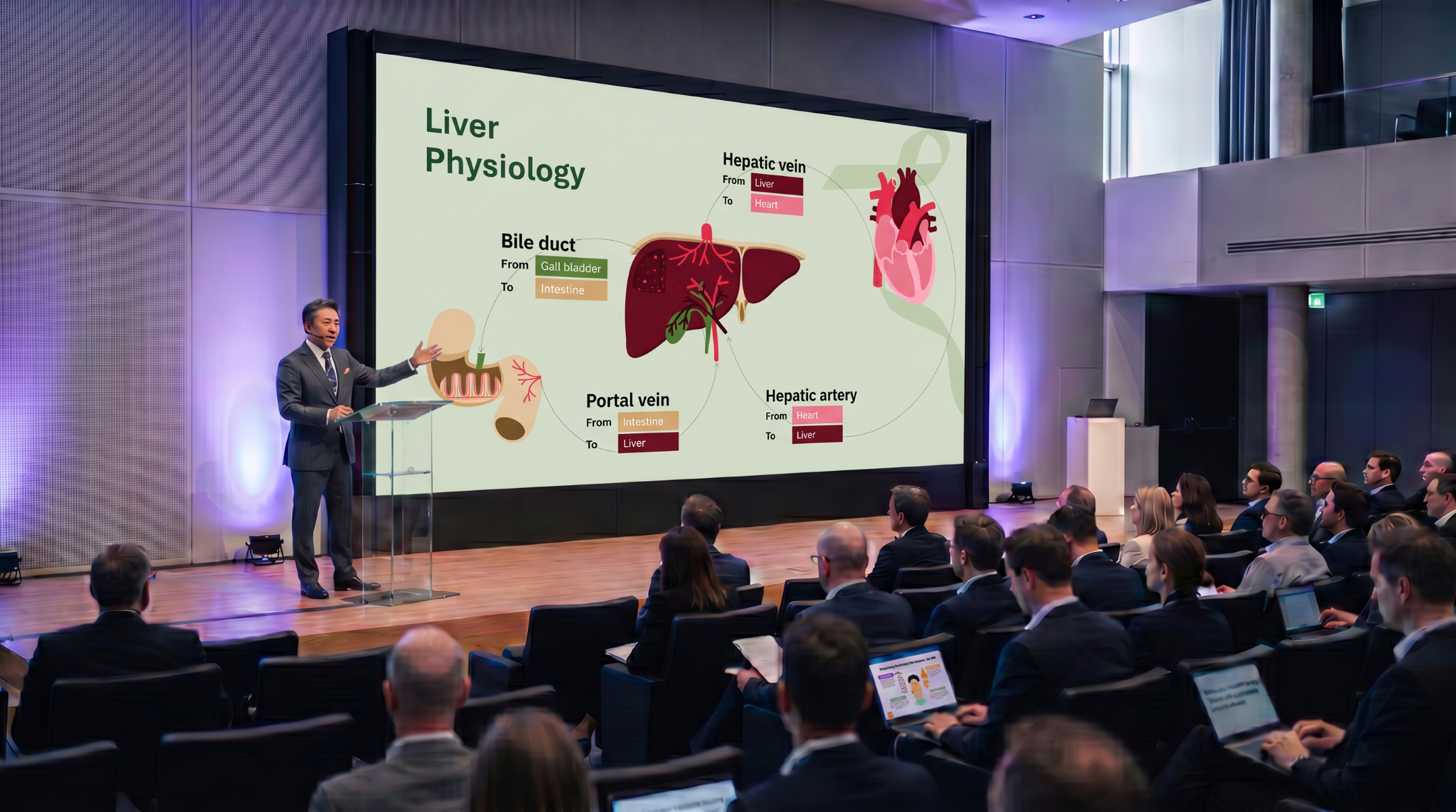Medical presenter explaining liver physiology using an editable Liver Cancer Overview Presentation Template during a professional healthcare conference.