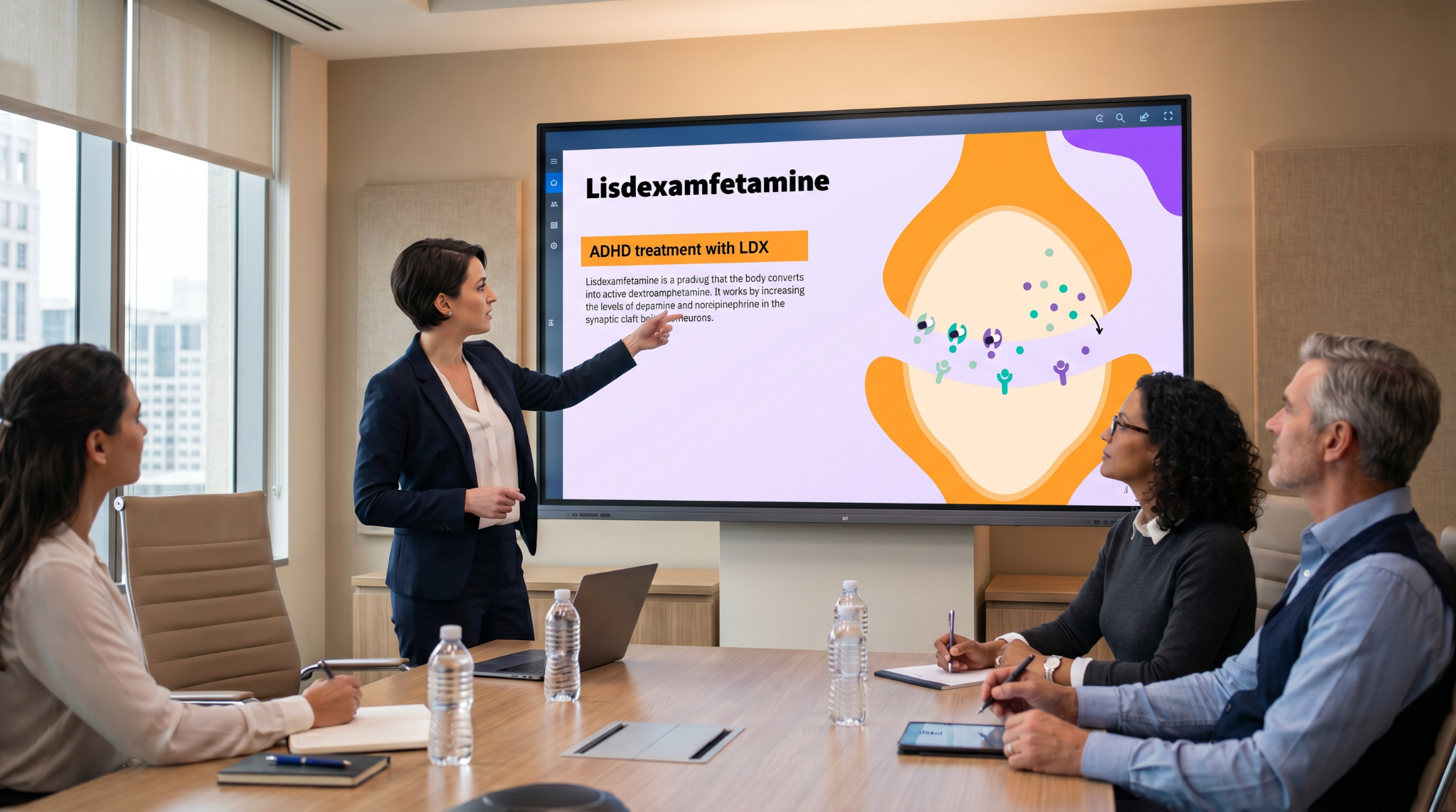 Healthcare educator presenting the mechanism of lisdexamfetamine for ADHD treatment using an editable Lisdexamfetamine PowerPoint presentation template.