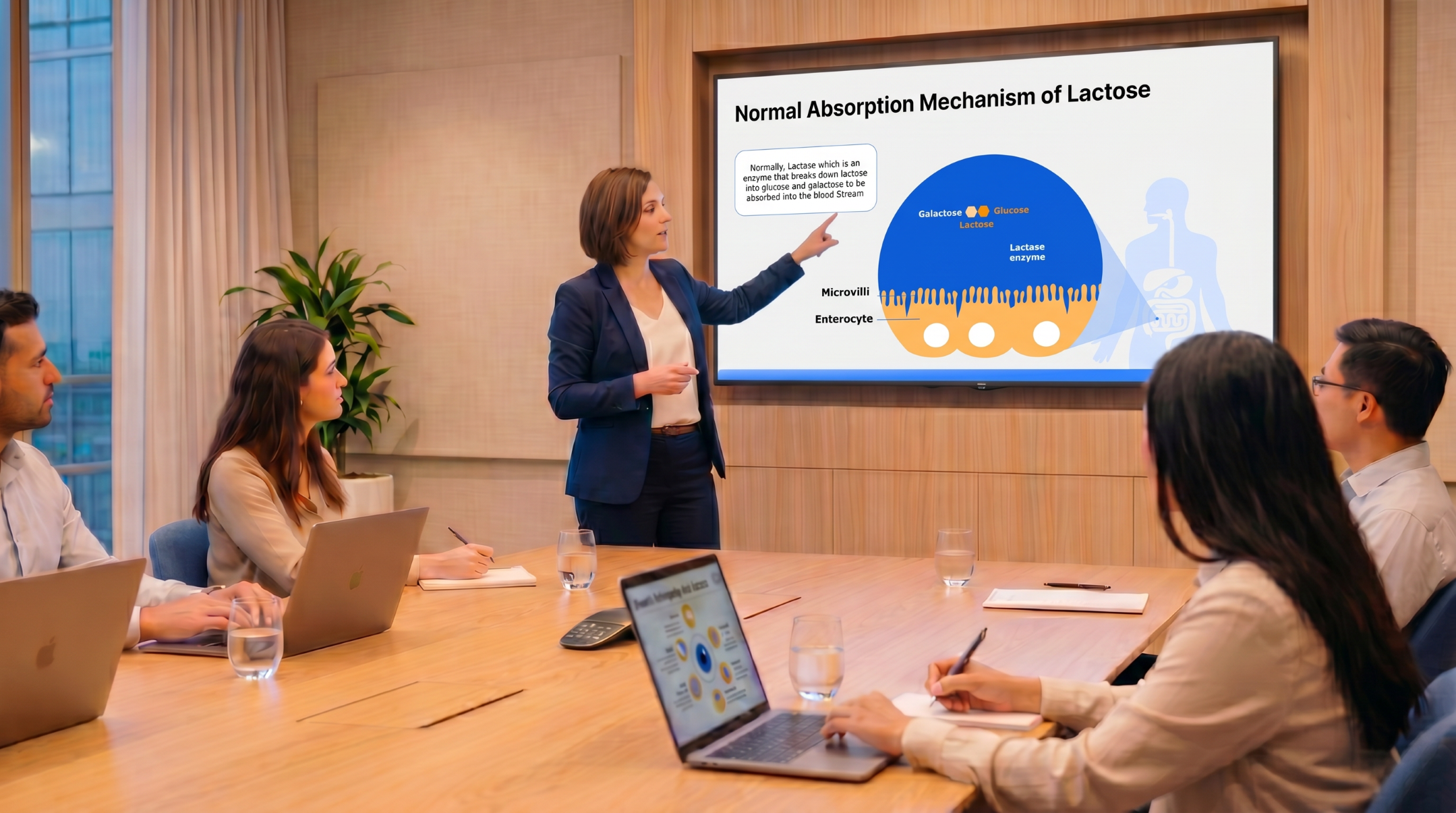 Healthcare educator presenting the normal lactose absorption mechanism using an editable Lactose Intolerance PowerPoint presentation template.