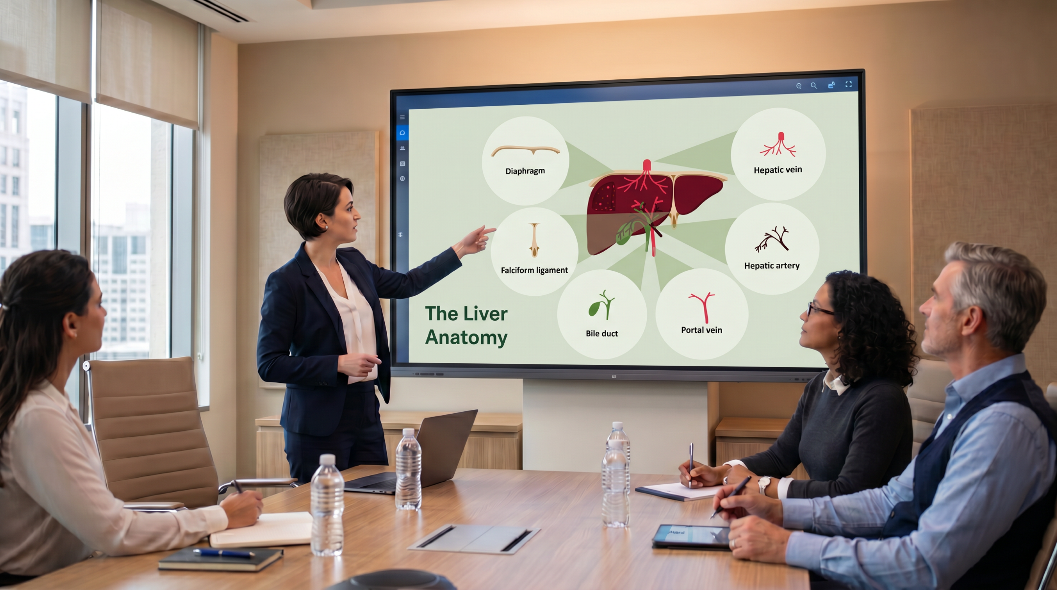 Healthcare educator presenting liver anatomy using an editable Liver Cancer Overview Presentation Template during a medical team meeting.